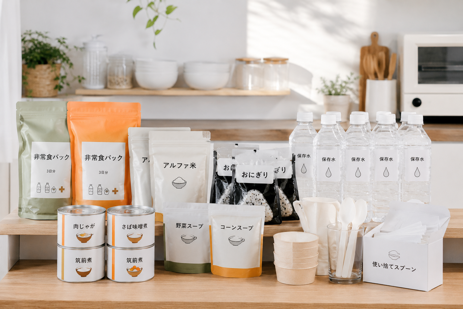 非常食セットと保存水を並べた家庭向けの防災備蓄