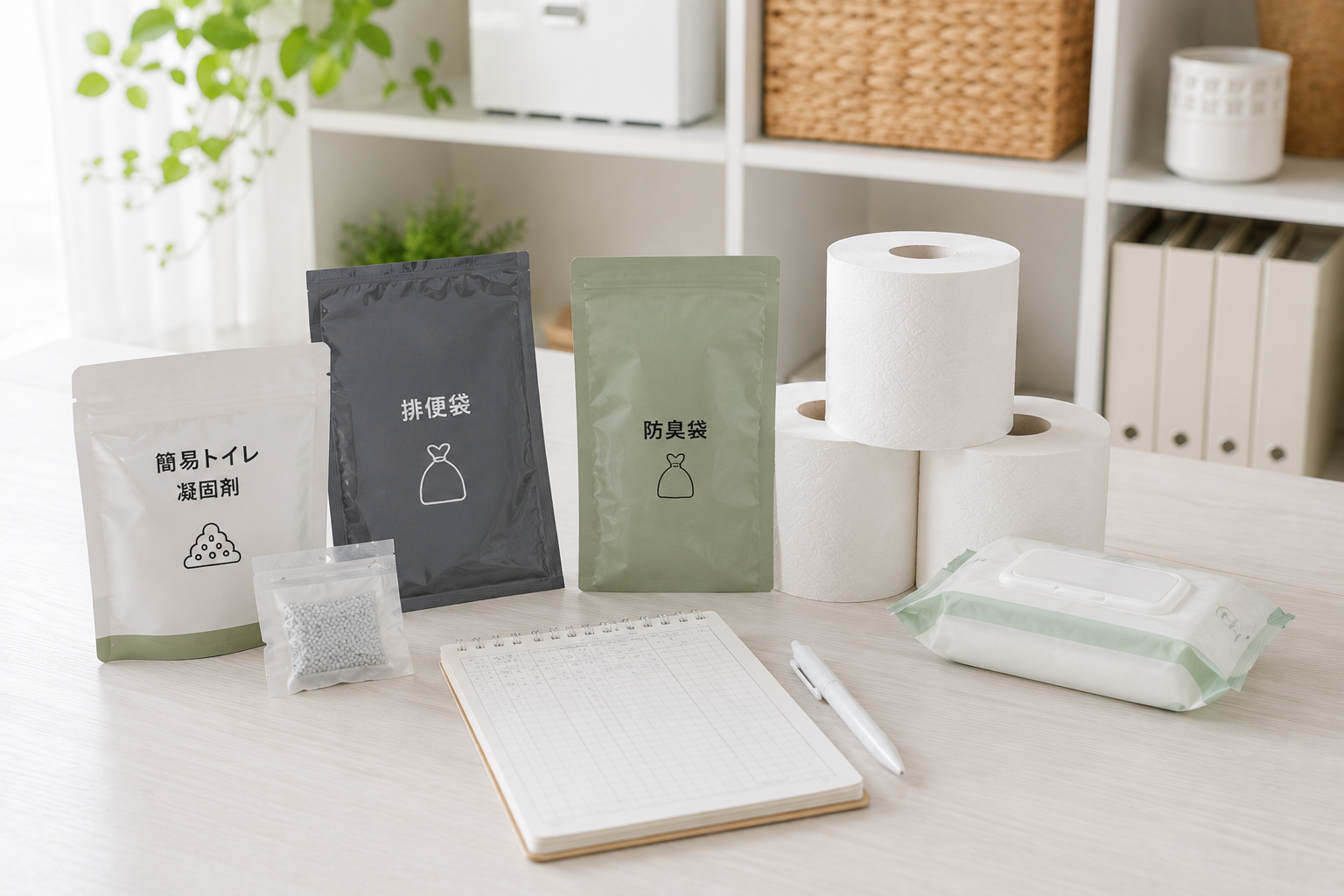 簡易トイレの凝固剤と排便袋を並べて家族人数別の必要回数を考える様子