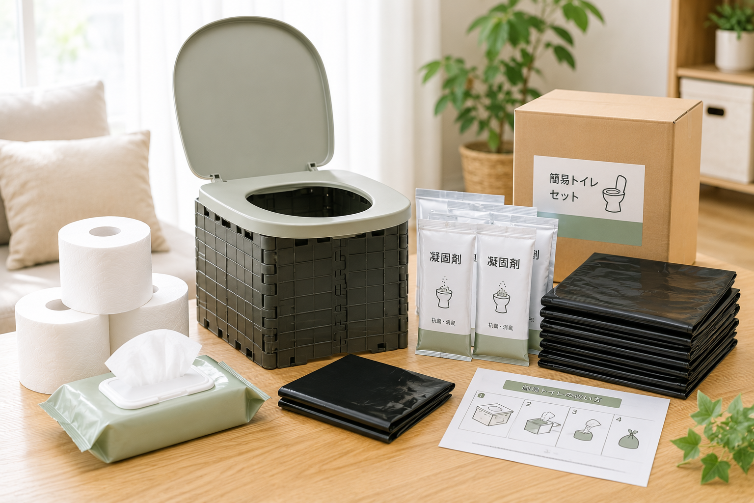 明るい室内で、折りたたみ式の簡易トイレ本体、凝固剤、排便袋、トイレットペーパー、ウェットティッシュを整理して並べた写真風イメージ。
