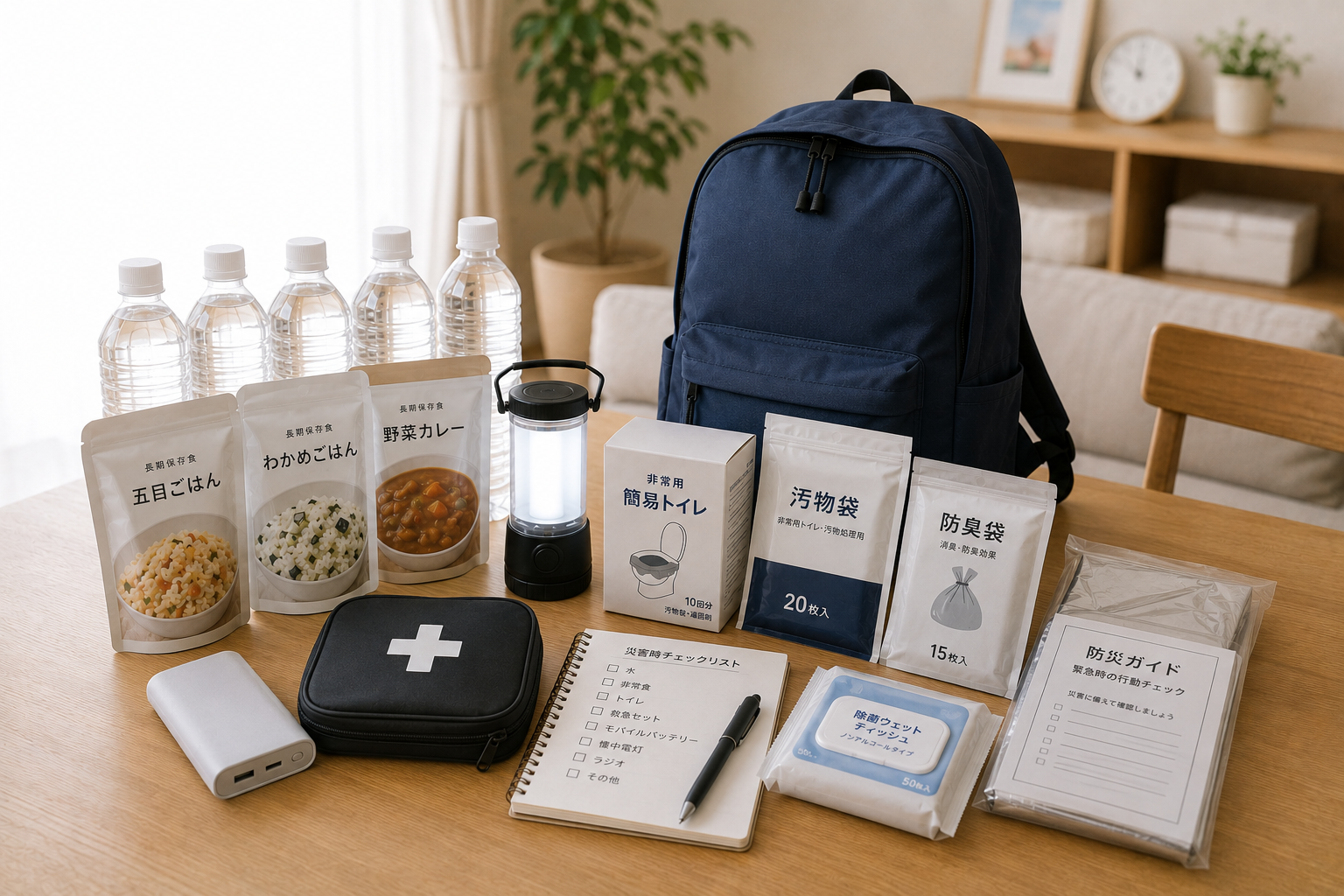 家庭の防災グッズリストとして揃えたい保存水や非常食と防災リュック