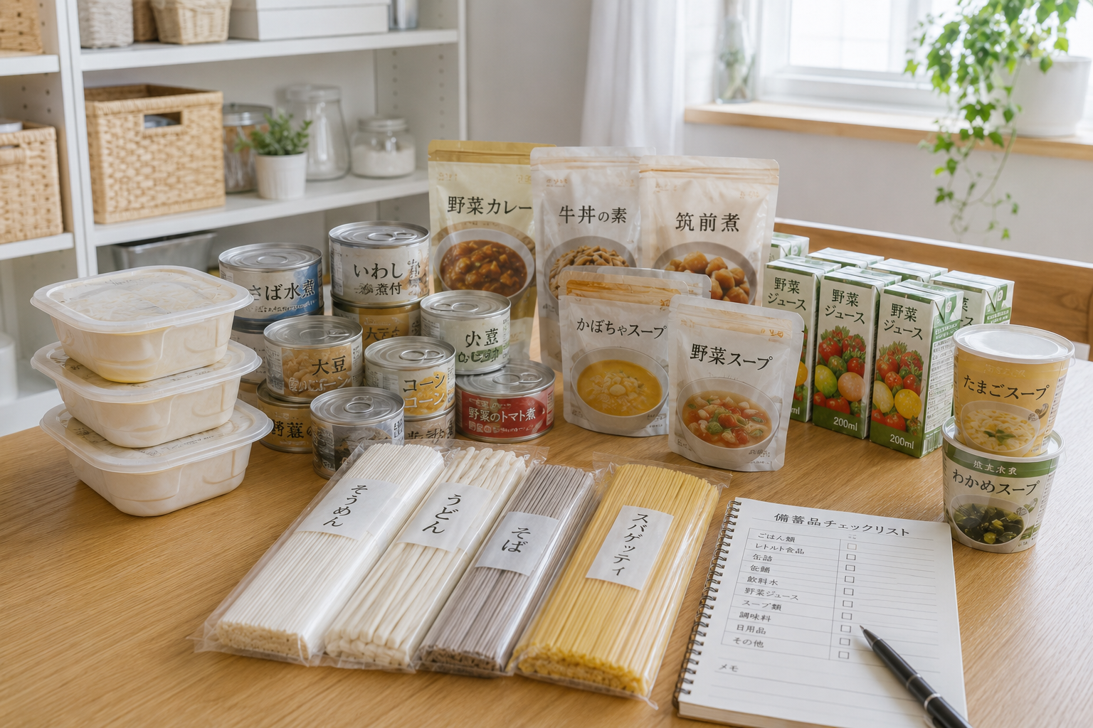 ローリングストックに向く食品を家庭の棚に備えている様子