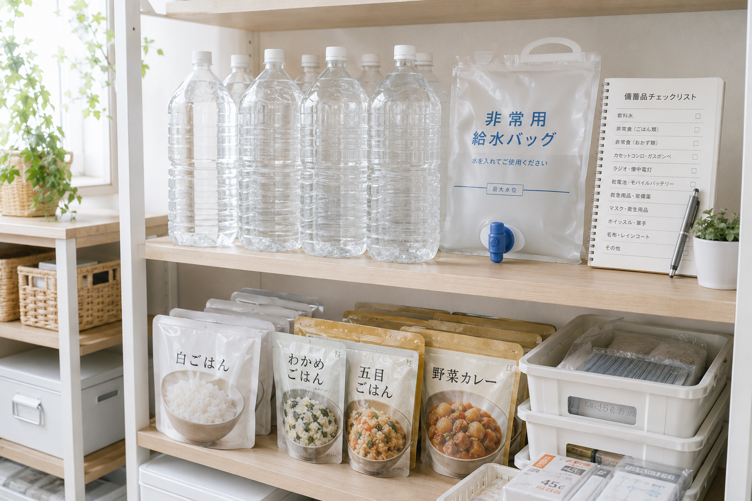 保存水と給水袋を家庭の収納棚に備えている様子