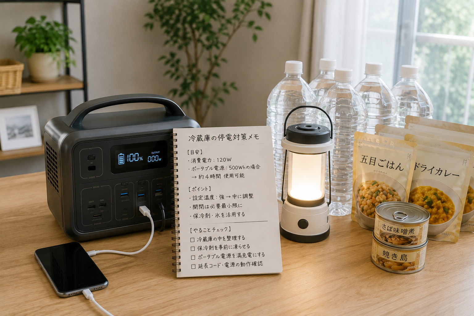 停電時に冷蔵庫を使うためのポータブル電源と防災グッズ