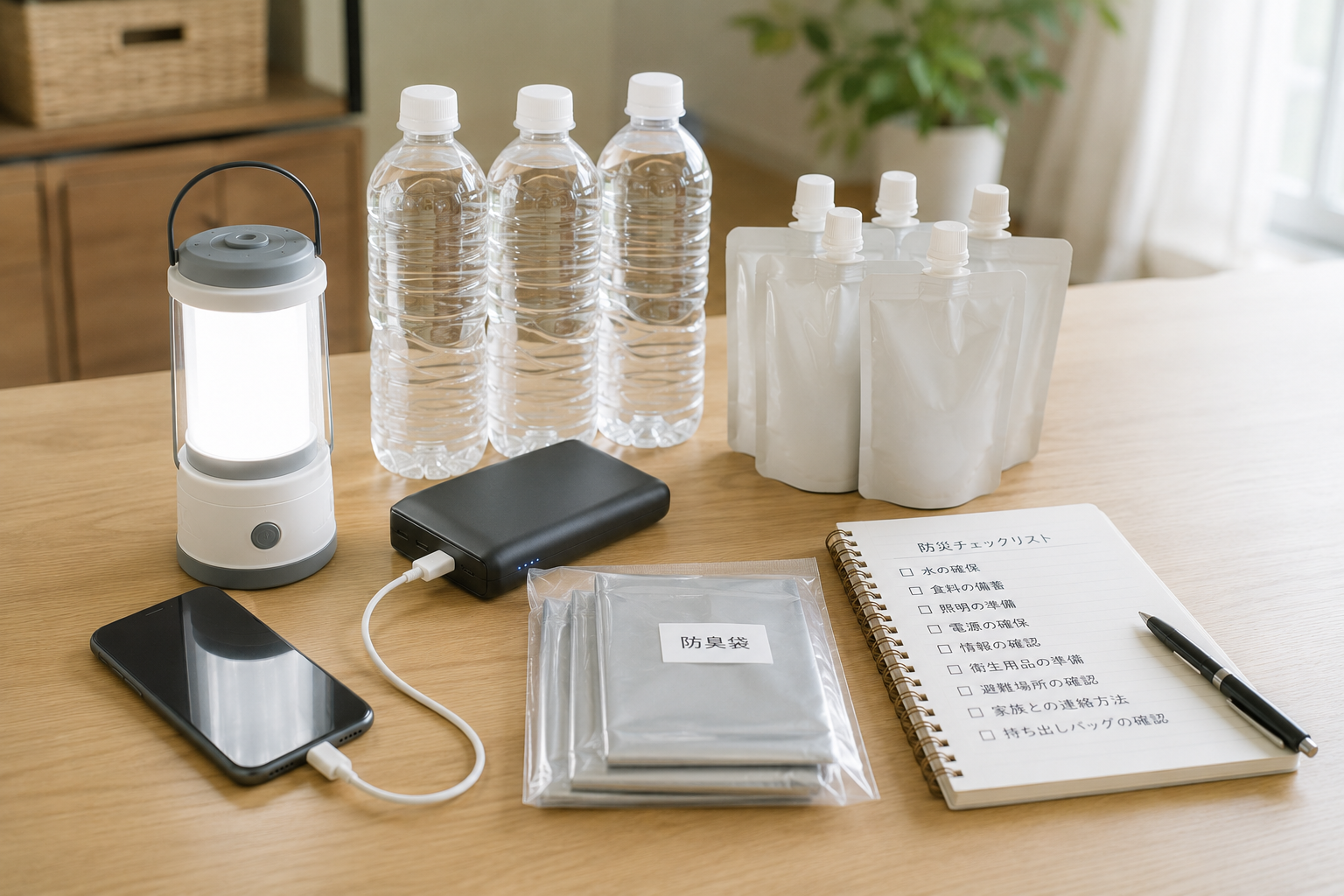 明るい家庭のテーブルに、LEDランタン、モバイルバッテリー、保存水、ベビーフード風の無地パック、防臭袋、チェックリストを整えて置いた写真風