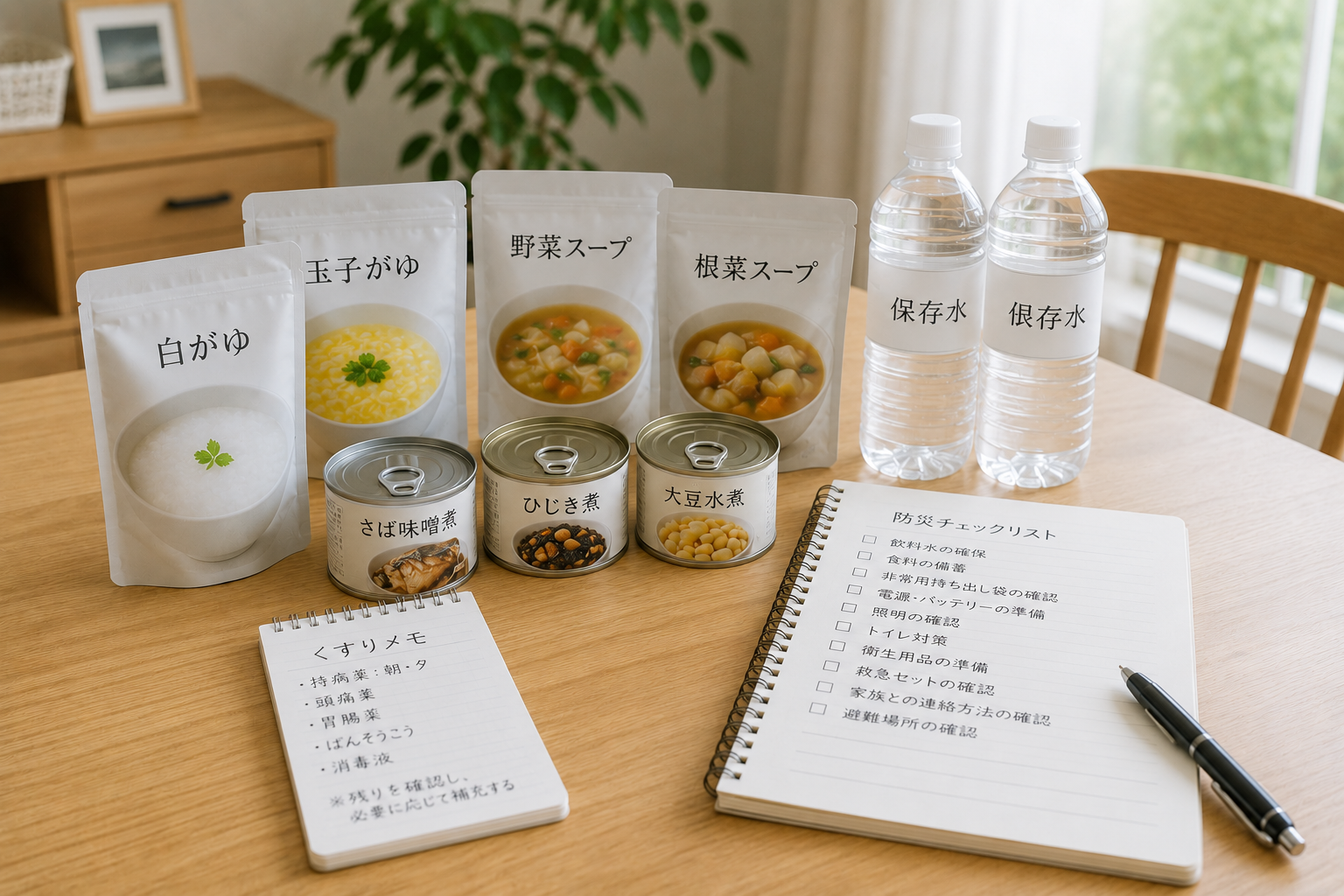明るい食卓に、レトルト粥、スープ、缶詰、保存水、薬メモ、チェックリストを整えて置いた写真風