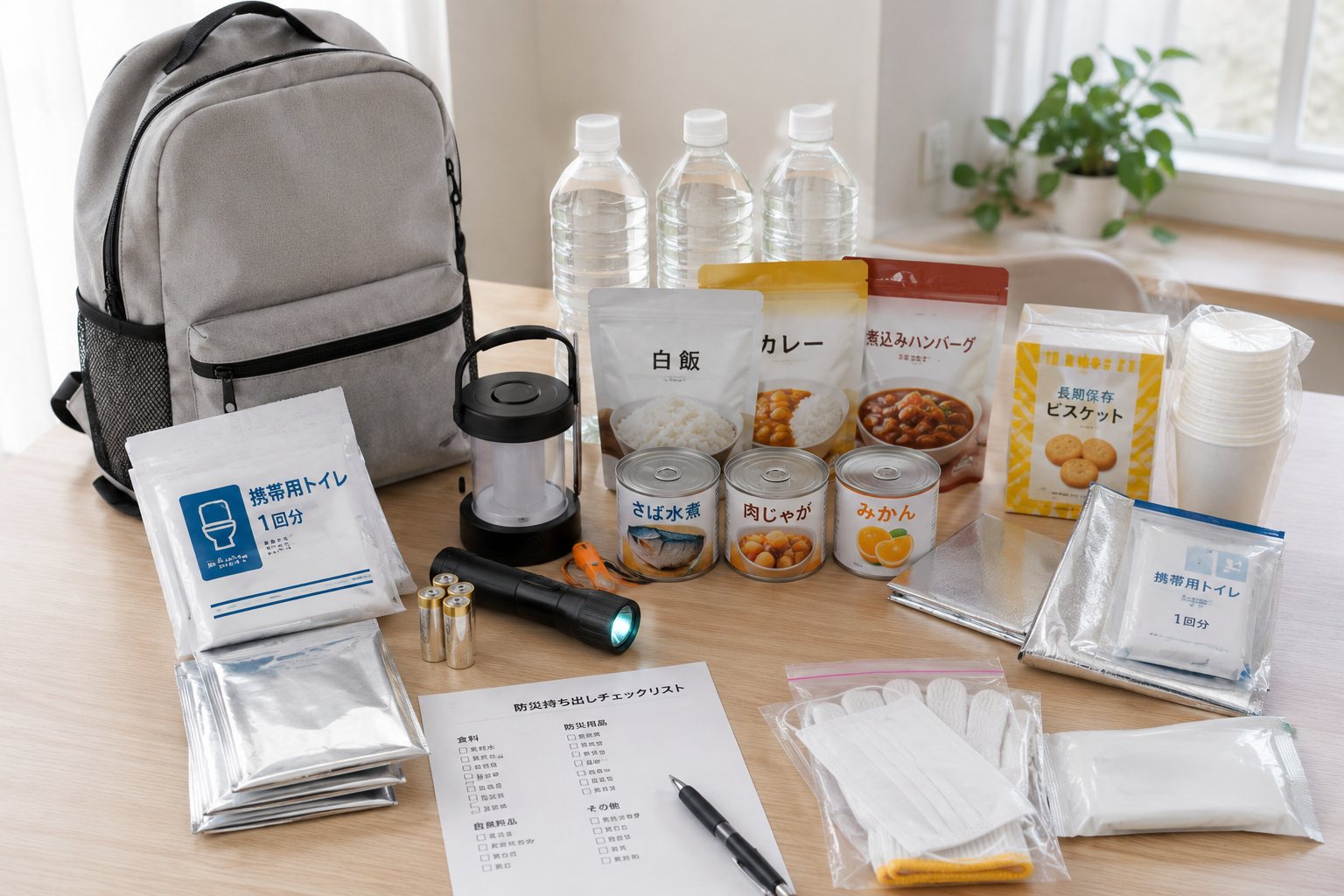 防災リュック、保存水、非常食、簡易トイレ、ライト、チェックリストを明るい机に並べた写真風