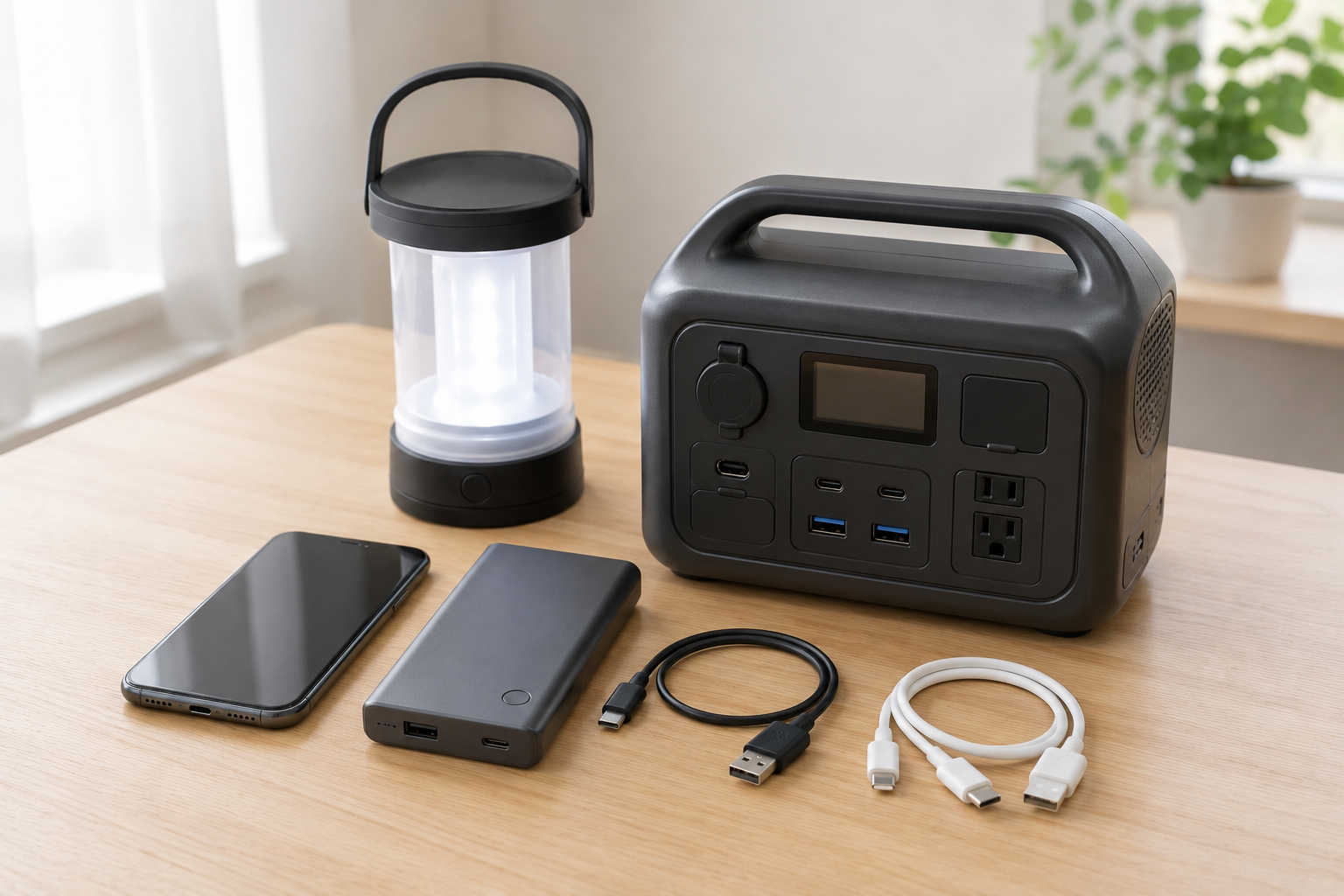 スマホ、モバイルバッテリー、充電ケーブル、LEDランタン、ポータブル電源風の無地機器を明るいテーブルに並べた写真風