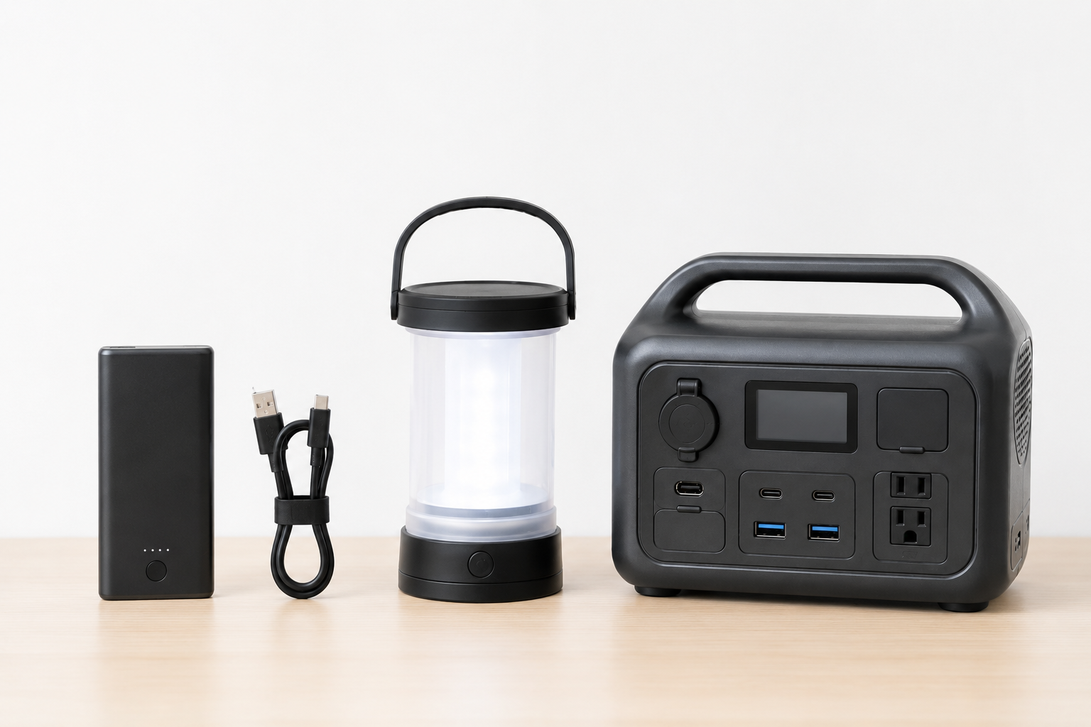 スマホ用モバイルバッテリー、充電ケーブル、LEDランタン、ポータブル電源風の無地機器を並べた比較イメージ写真風