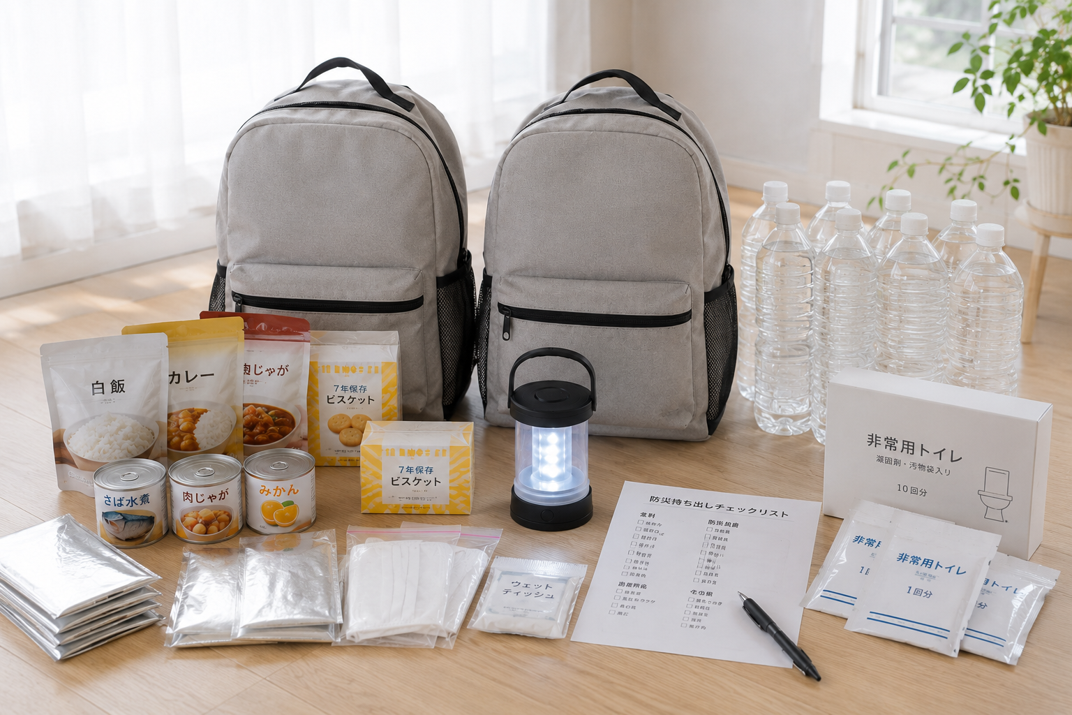 2人暮らしの家庭向けに、防災リュック2つ、保存水、非常食、簡易トイレ、LEDランタン、チェックリストを明るい室内に並べた写真風