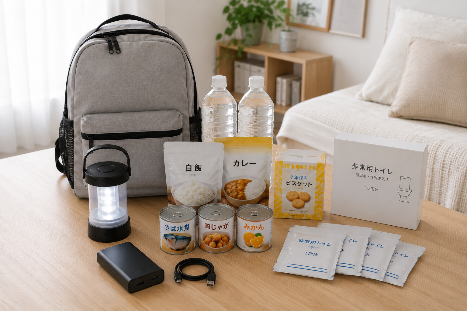 一人暮らしの部屋に、防災リュック、保存水、非常食、簡易トイレ、LEDライト、モバイルバッテリーをコンパクトに並べた写真風