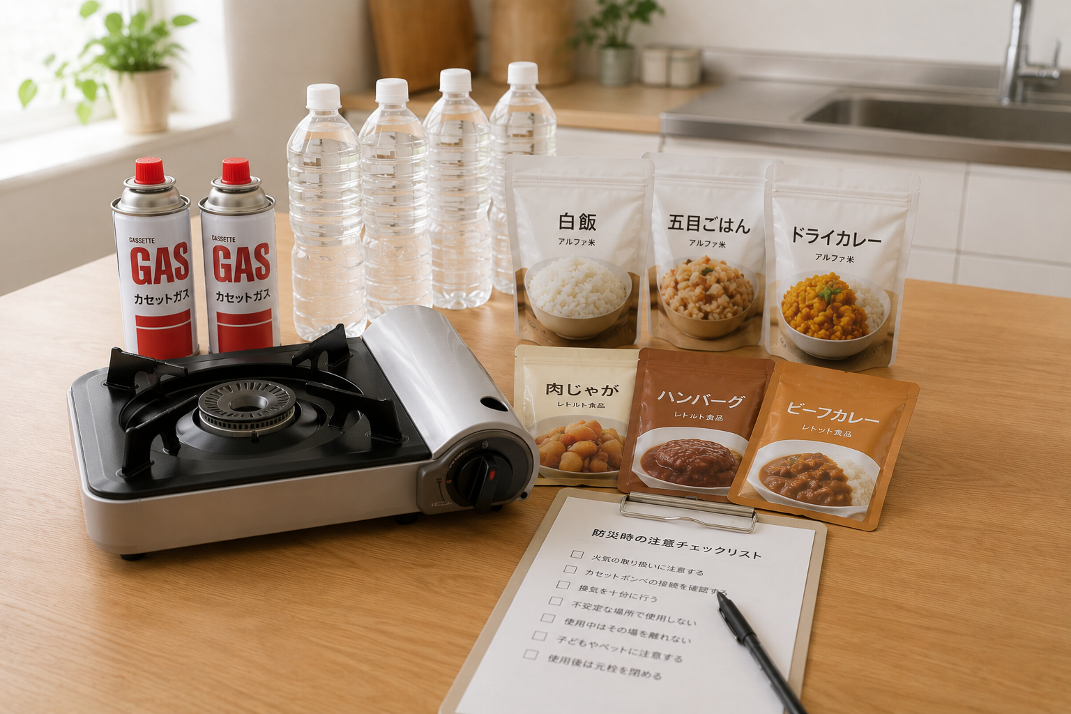カセットコンロ、カセットボンベ、保存水、レトルト食品、アルファ米風の無地パッケージ、注意チェックリストを明るいキッチンに並べた写真風