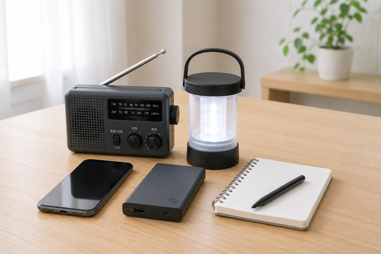 防災用ラジオ、スマホ、モバイルバッテリー、LEDランタン、メモ帳を明るいテーブルに並べた写真風