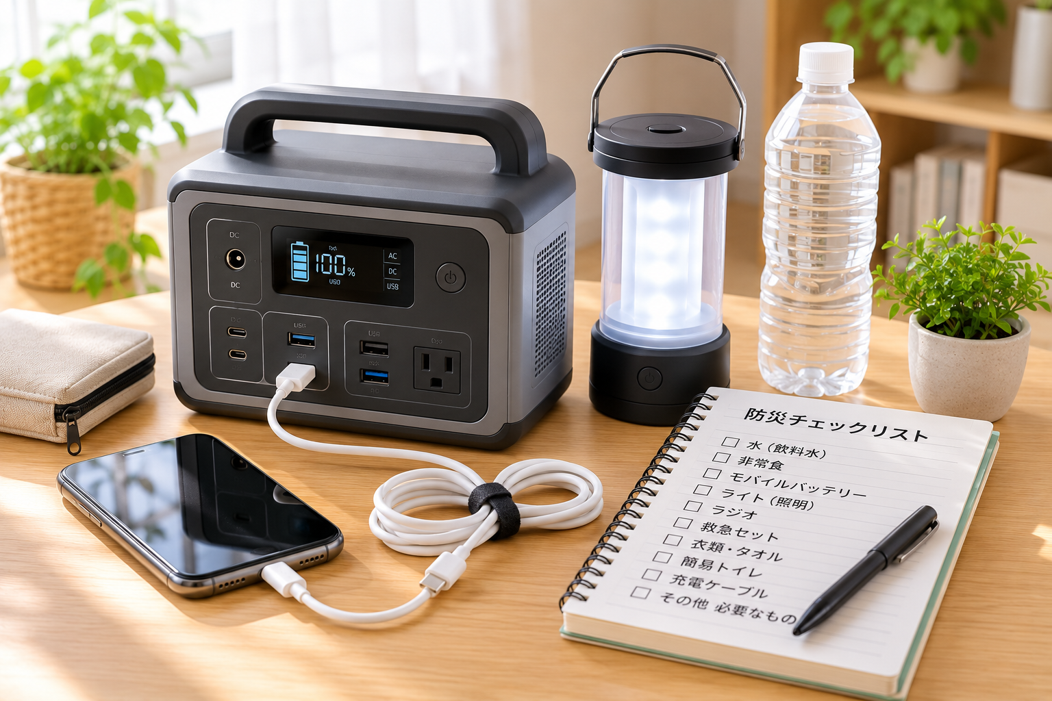 小型ポータブル電源風の無地機器、スマホ、LEDランタン、充電ケーブル、防災チェックリストを明るい室内に並べた写真風