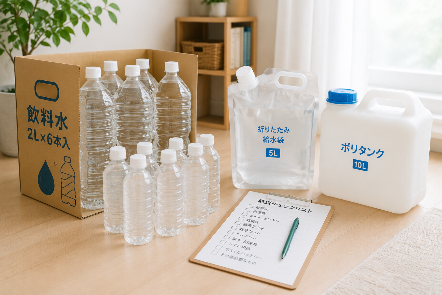 2Lペットボトル水の箱、500mLペットボトル、折りたたみ給水袋、ポリタンク、防災チェックリストを明るい室内の床または棚に並べた写真風
