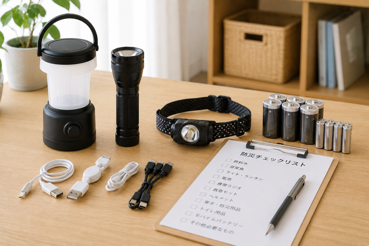明るい室内のテーブルにLEDランタン、懐中電灯、ヘッドライト、乾電池、充電ケーブル、防災チェックリストを並べた写真風