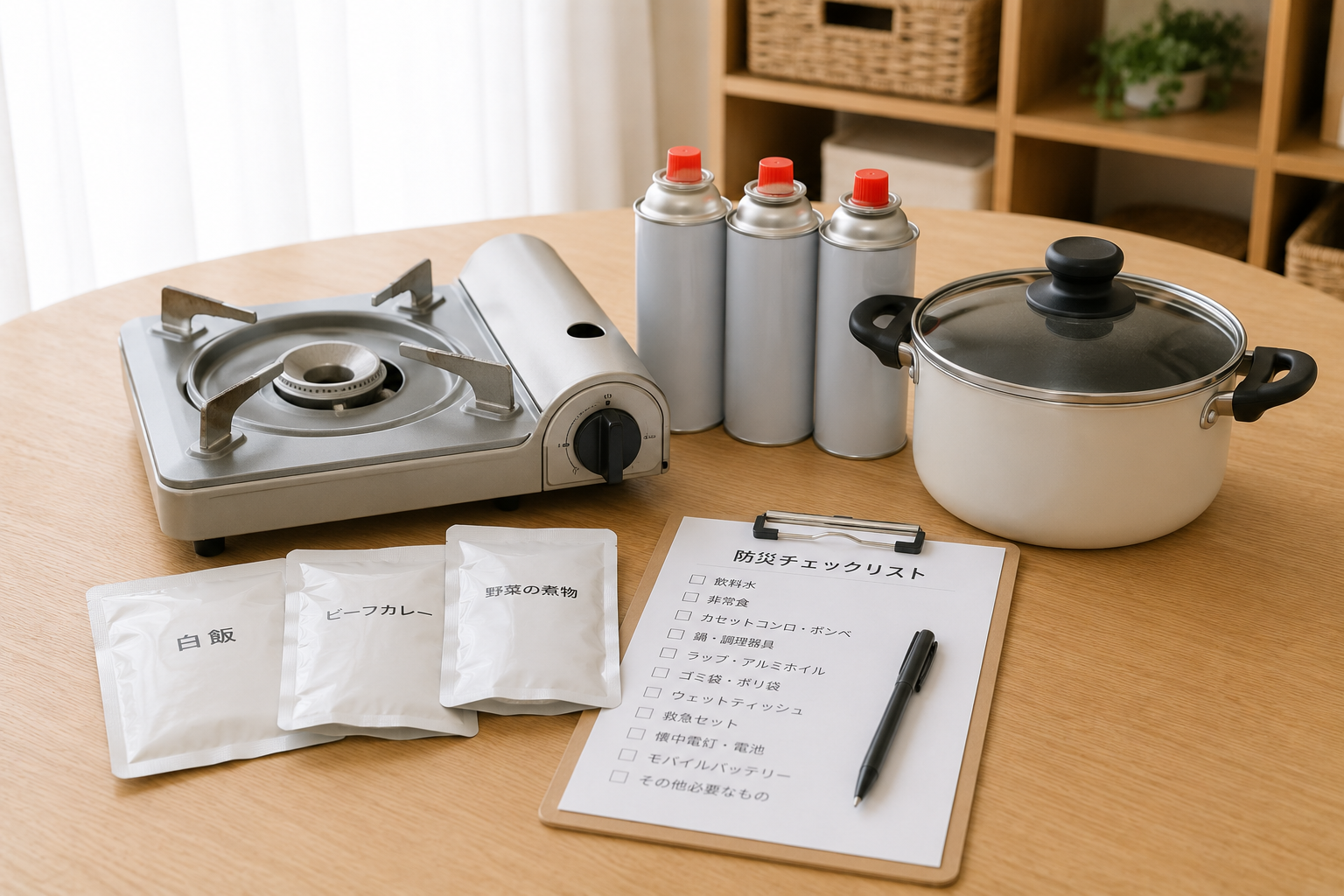 明るい室内のテーブルに、無地のカセットコンロ、カセットボンベ、鍋、レトルト食品、防災チェックリストを並べた写真風