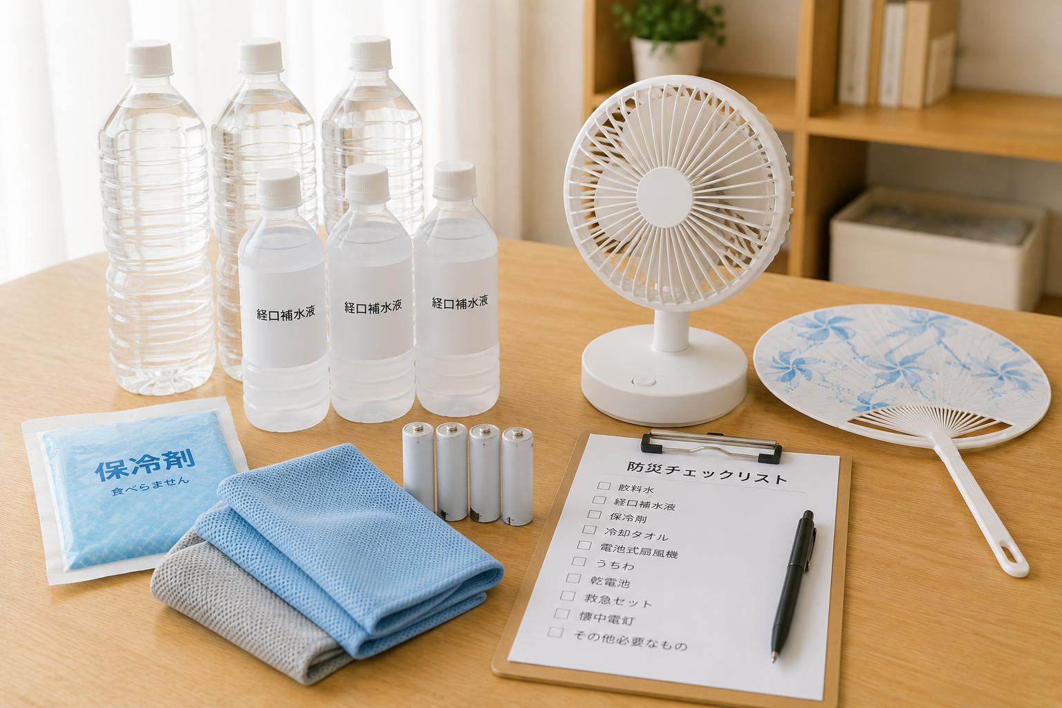 明るい室内のテーブルに、保存水、経口補水液風の無地ボトル、保冷剤、冷却タオル、電池式扇風機、うちわ、防災チェックリストを並べた写真風