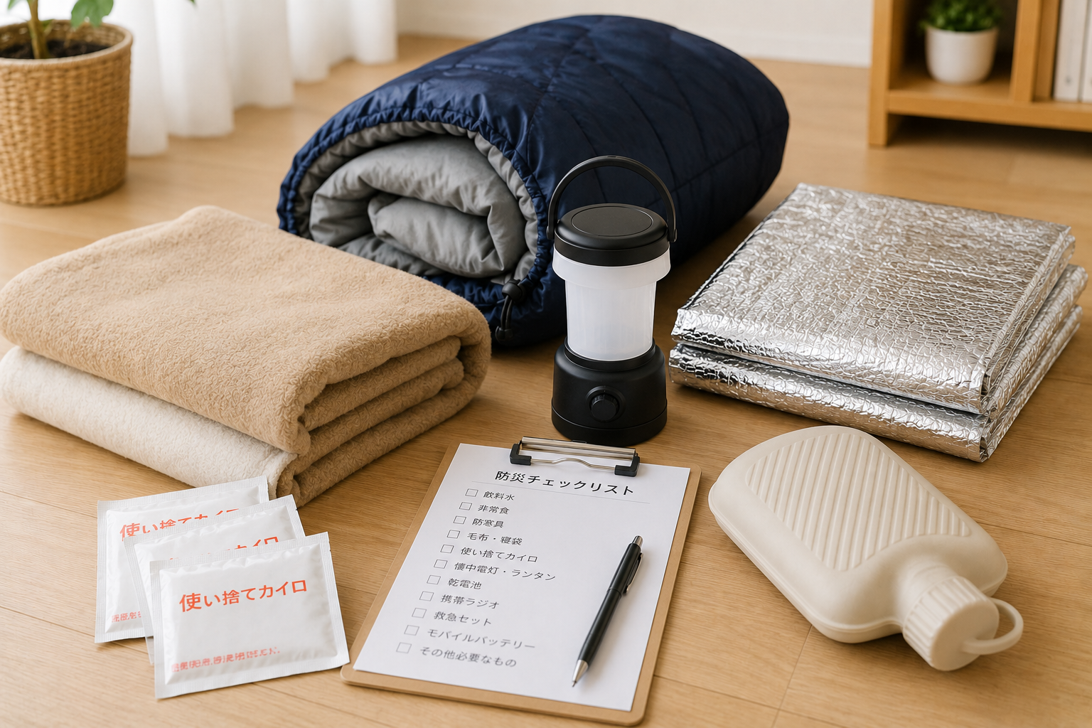 明るい室内の床またはテーブルに、毛布、寝袋、アルミブランケット、使い捨てカイロ、湯たんぽ、LEDランタン、防災チェックリストを並べた写真風