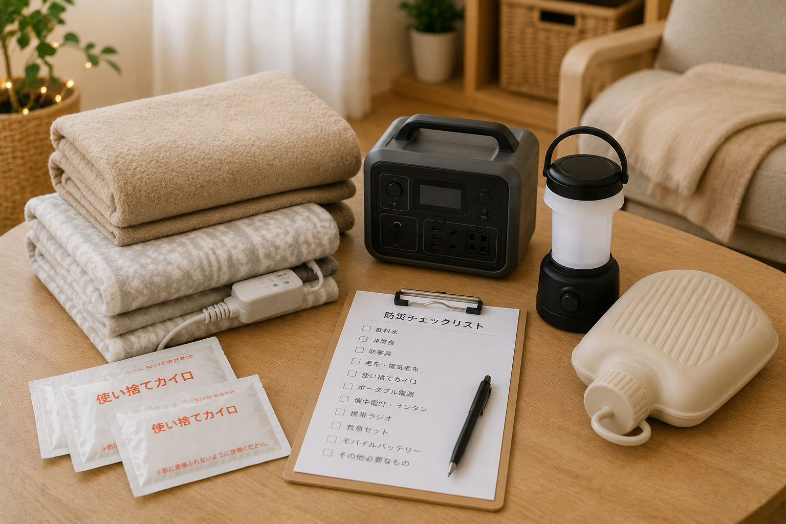 冬の室内で、毛布、電気毛布風の無地ブランケット、ポータブル電源、LEDランタン、使い捨てカイロ、湯たんぽ、防災チェックリストを並べた写真風