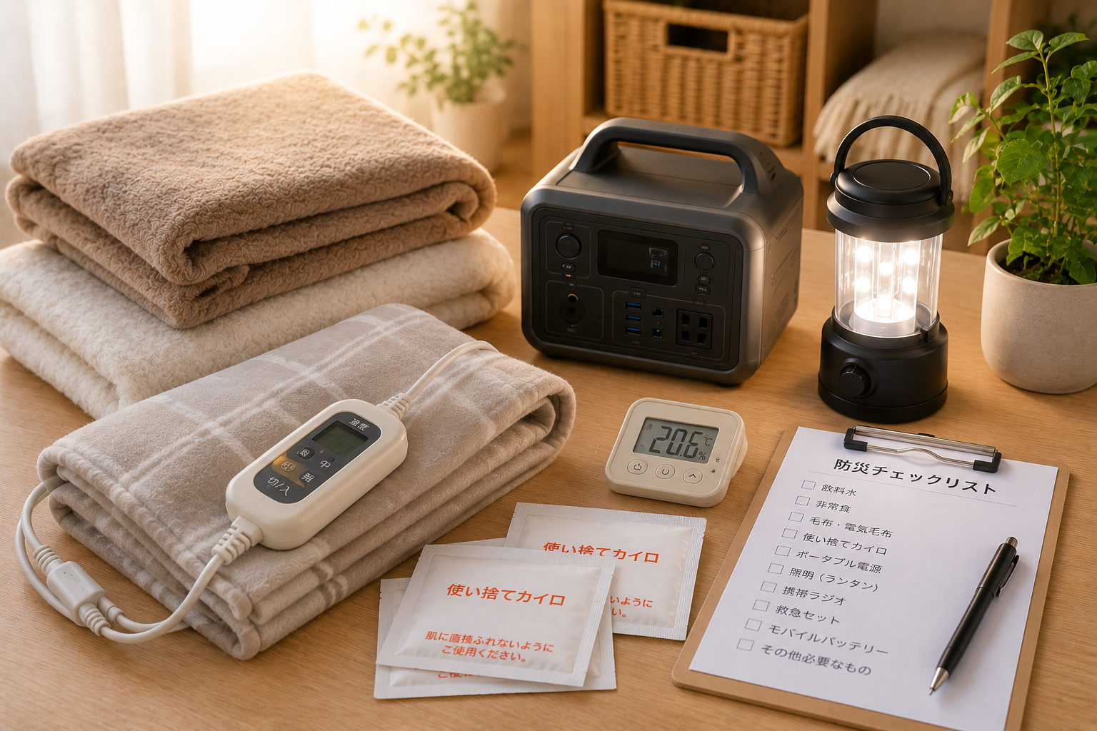 冬の室内で、無地の電気毛布、ポータブル電源、LEDランタン、温度コントローラー風の小物、毛布、使い捨てカイロ、防災チェックリストを並べた写真風