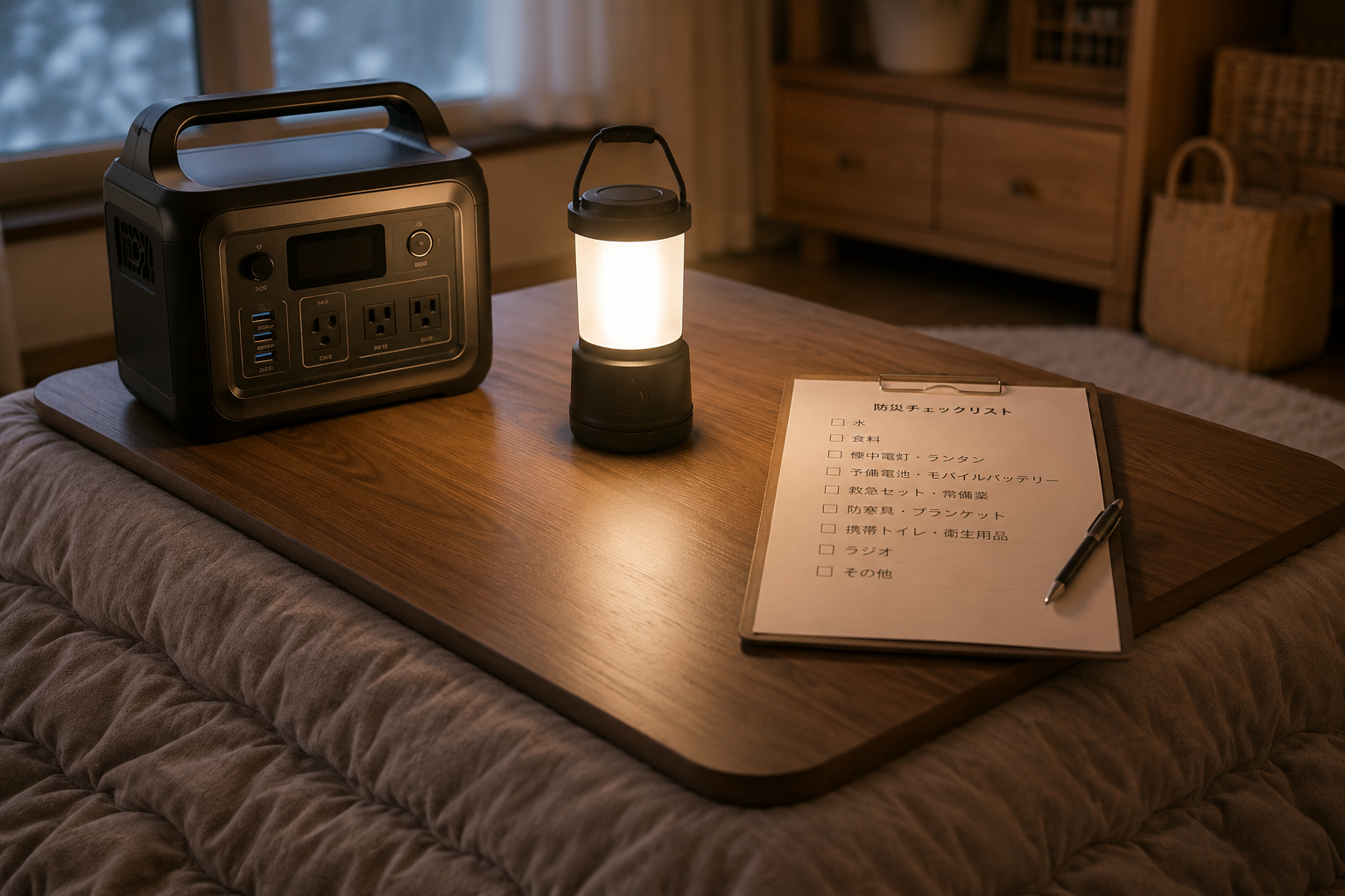 冬の室内で、こたつ風の低いテーブル、無地のこたつ布団、ポータブル電源、LEDランタン、防災チェックリストを並べた写真風