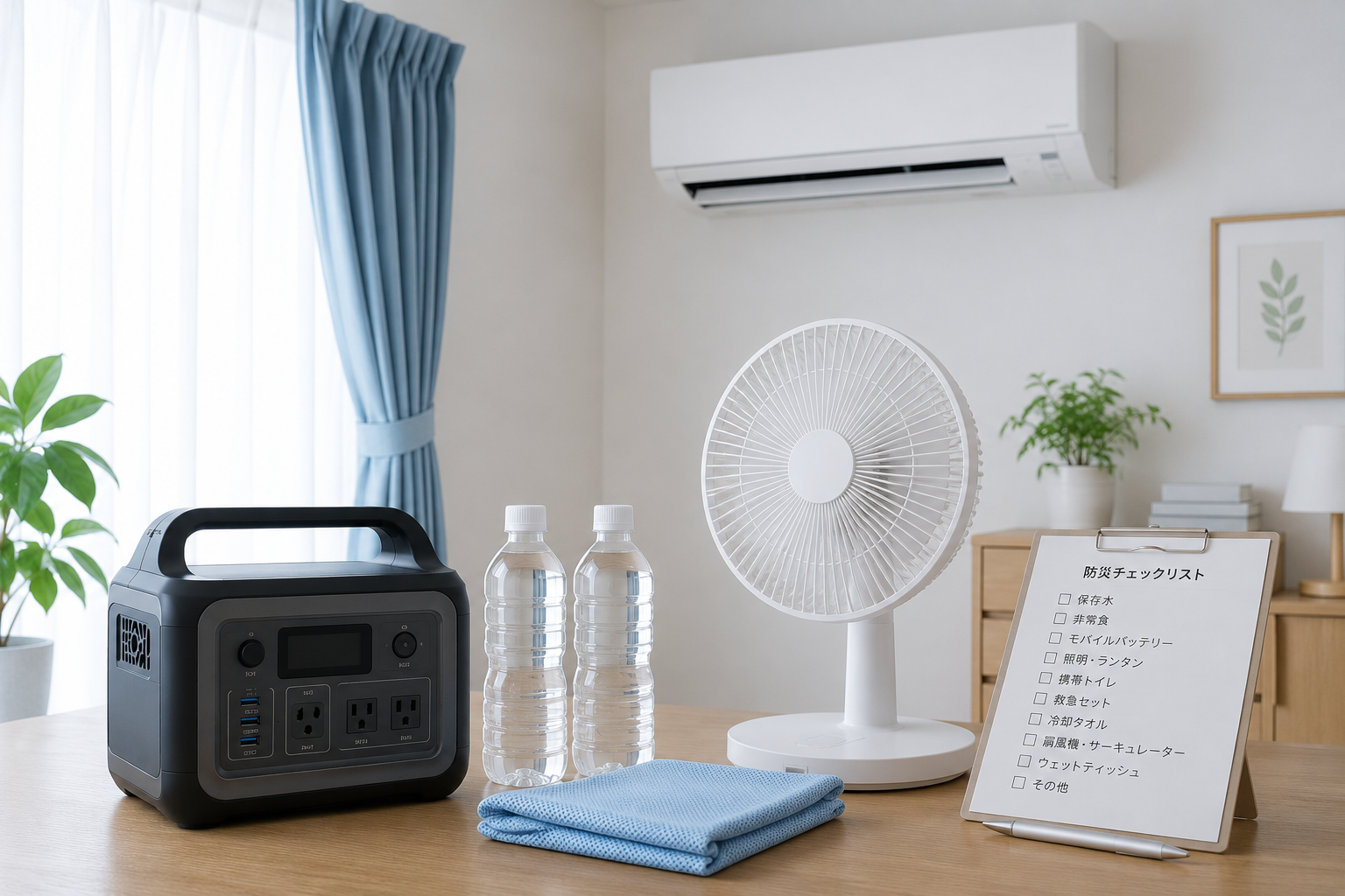 夏の室内で、壁掛けエアコン、ポータブル電源、扇風機、保存水、冷却タオル、遮光カーテン、防災チェックリストを並べた写真風
