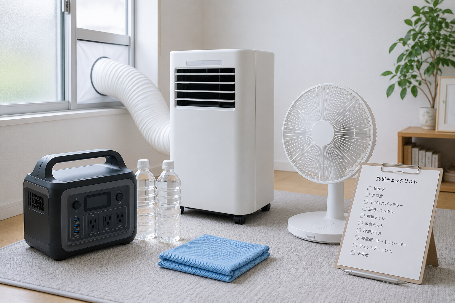 夏の室内で、スポットクーラー風の白い小型冷房機、ポータブル電源、扇風機、冷却タオル、保存水、防災チェックリストを並べた写真風
