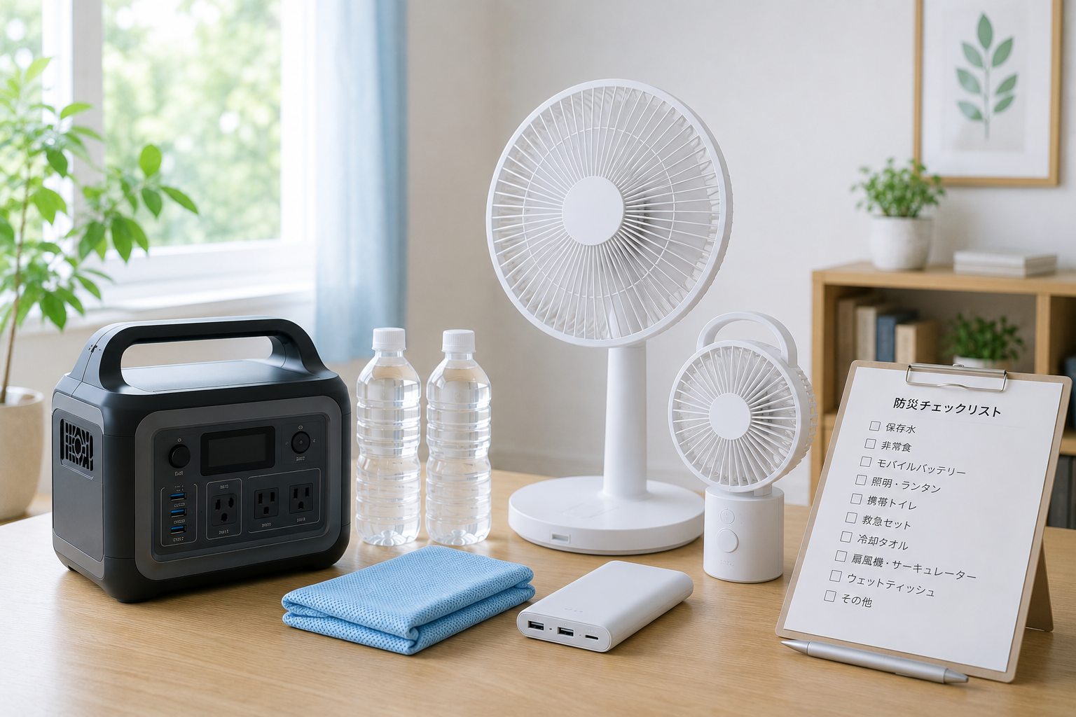 夏の室内で、扇風機、充電式ファン、モバイルバッテリー、ポータブル電源、保存水、冷却タオル、防災チェックリストを並べた写真風