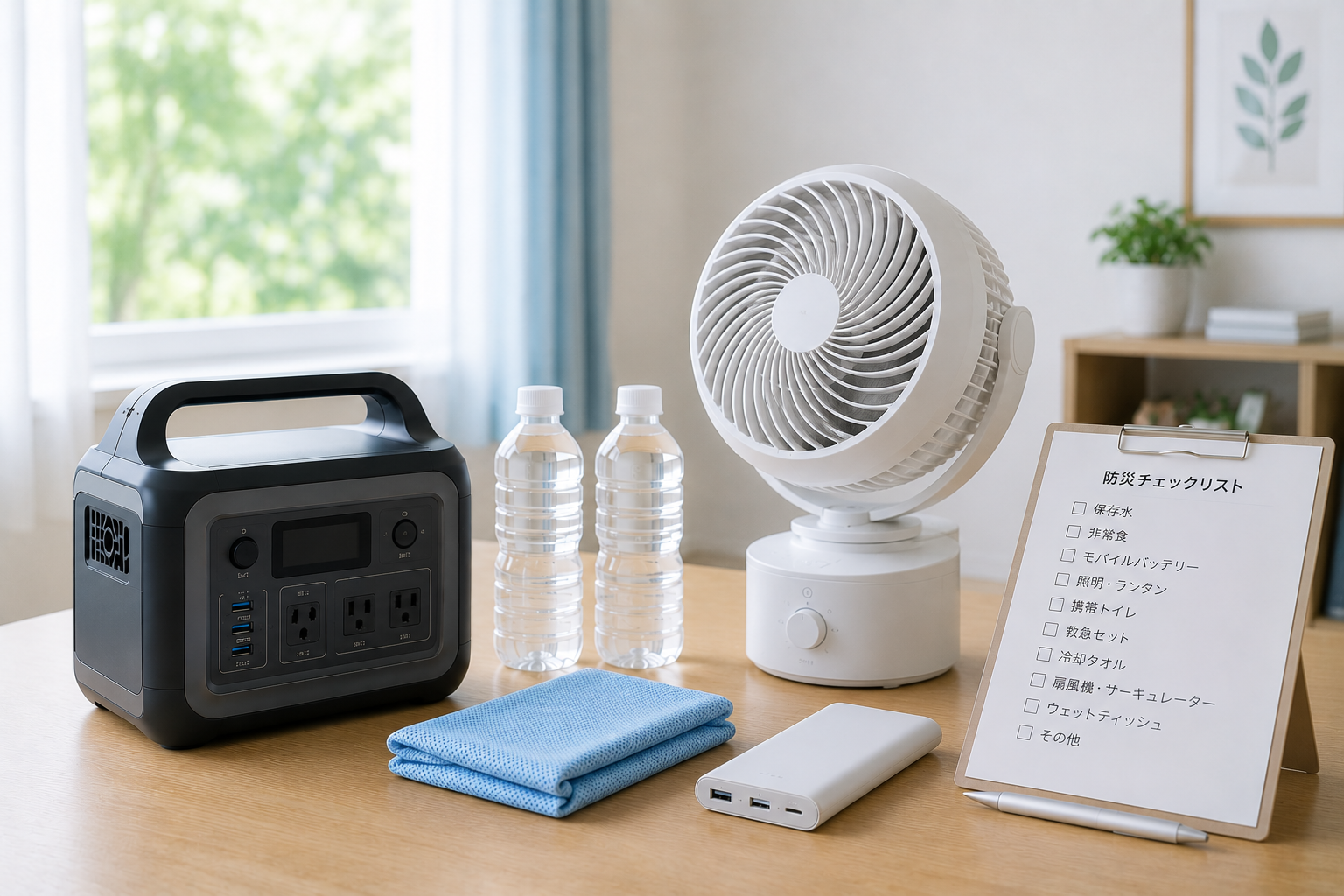 夏の室内で、サーキュレーター、ポータブル電源、モバイルバッテリー、保存水、冷却タオル、防災チェックリストを並べた写真風