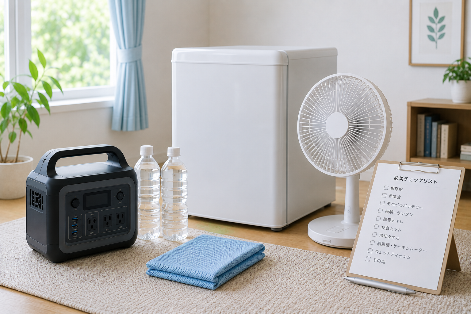 夏の室内で、小型冷蔵庫風の家電、扇風機、ポータブル電源、保存水、冷却タオル、防災チェックリストを並べた写真風