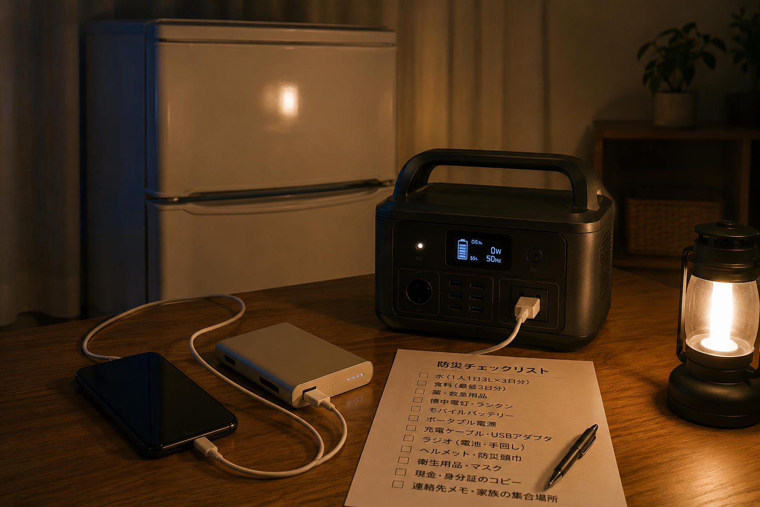 停電時の室内で、冷蔵庫風の家電、スマートフォン、充電ケーブル、モバイルバッテリー、ポータブル電源、防災チェックリストを並べた写真風