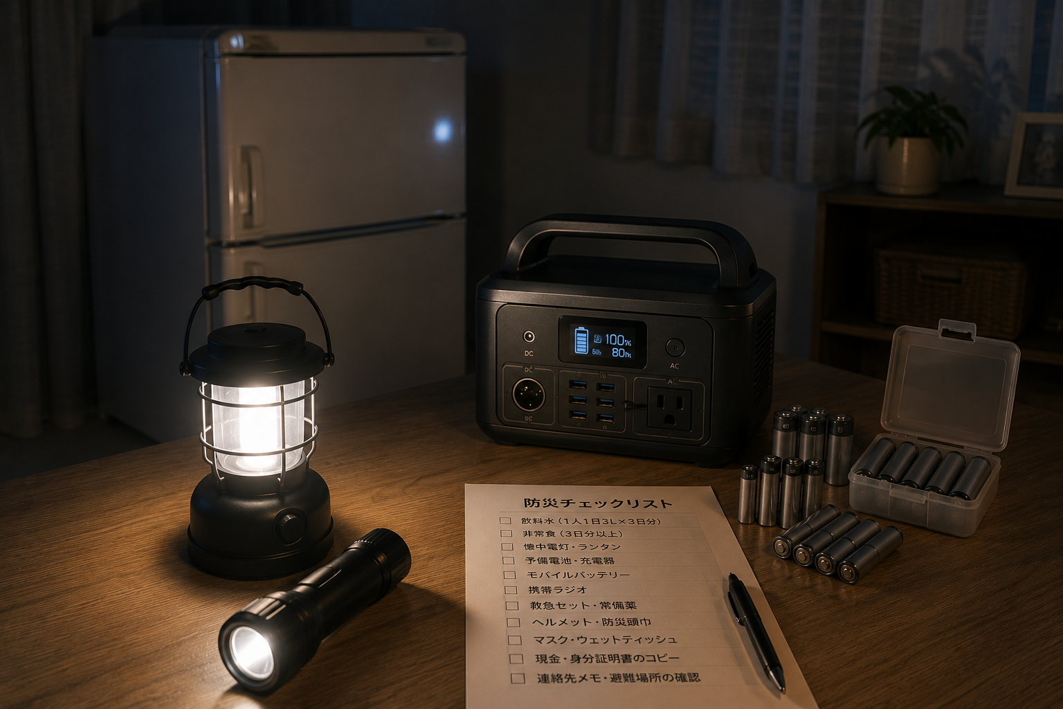 夜間停電を想起する薄暗い室内で、冷蔵庫風の家電、LEDランタン、懐中電灯、ポータブル電源、予備電池、防災チェックリストを並べた写真風