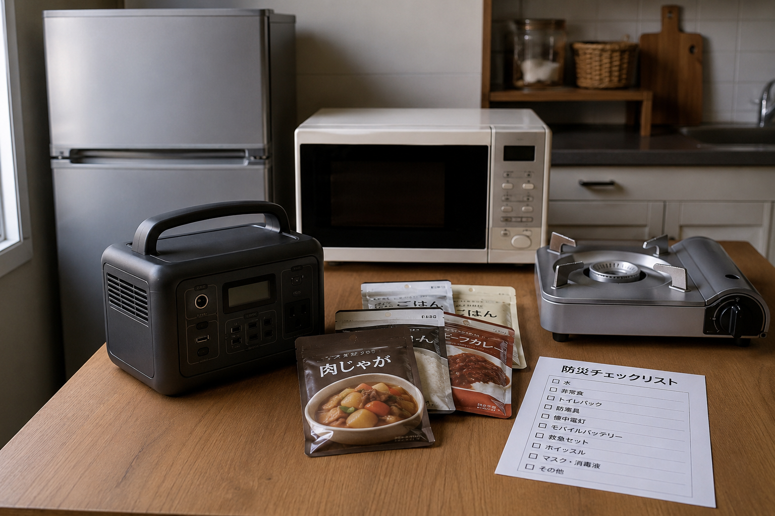 停電時のキッチンで、冷蔵庫風の家電、電子レンジ、ポータブル電源、防災用レトルト食品、カセットコンロ風の無地器具、防災チェックリストを並べた写真風