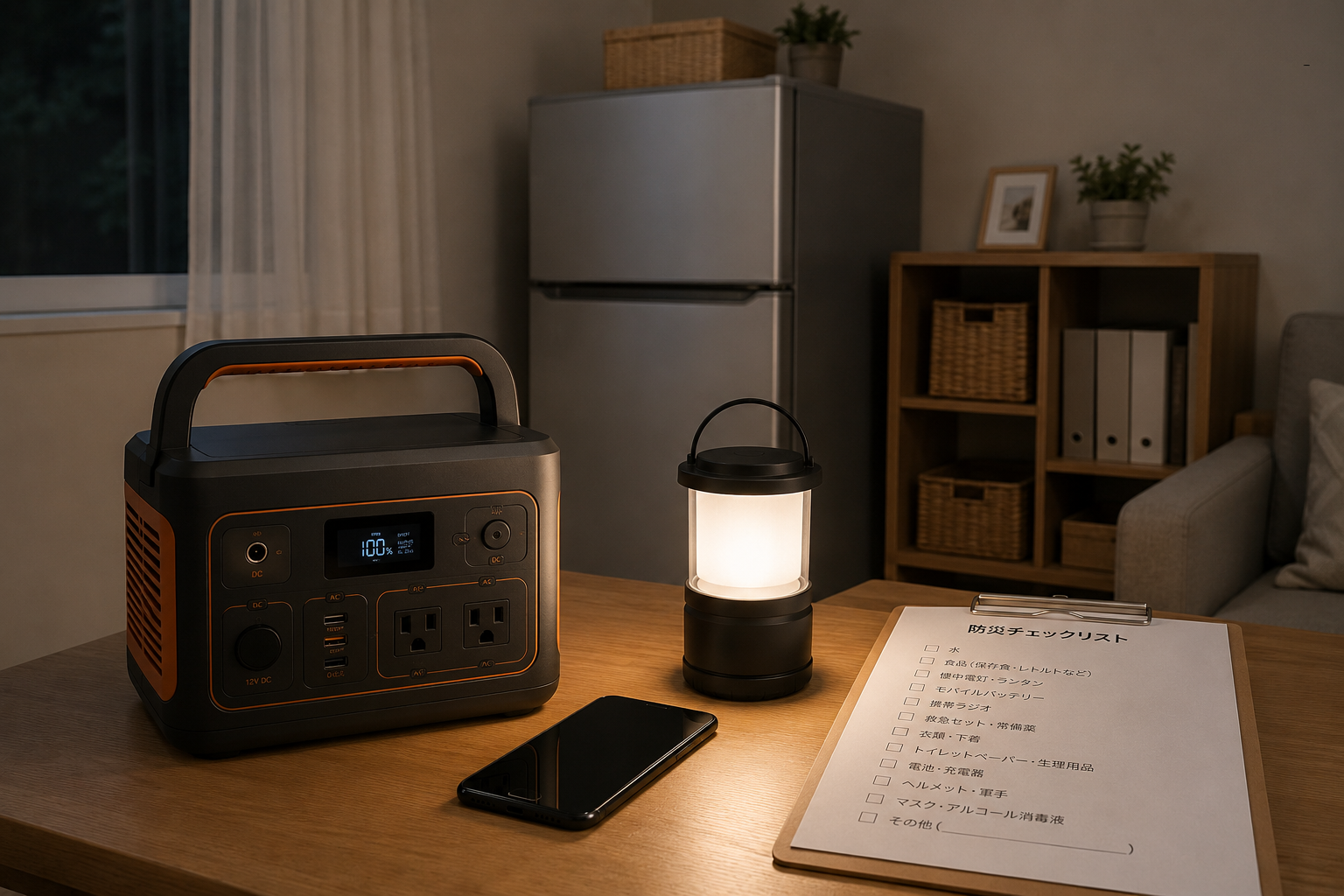 室内の停電対策シーンで、Jackery風の無地ポータブル電源、冷蔵庫風の家電、スマホ、LEDランタン、防災チェックリストを並べた写真風