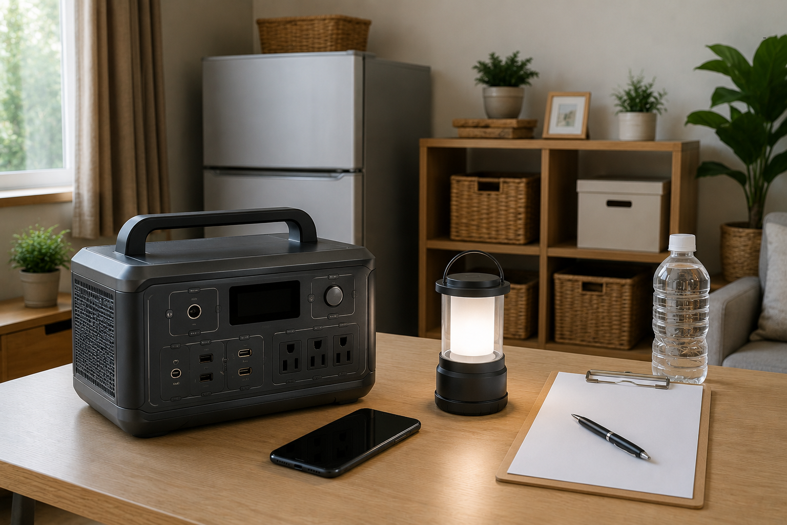 室内の停電対策シーンで、BLUETTI風の無地ポータブル電源、冷蔵庫、スマホ、LEDランタン、防災チェックリストを並べた写真風