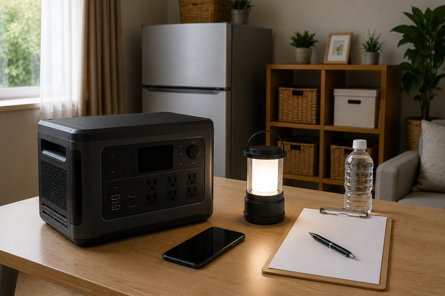 室内の停電対策シーンで、Dabbsson風の無地ポータブル電源、冷蔵庫、スマホ、LEDランタン、防災チェックリストを並べた写真風