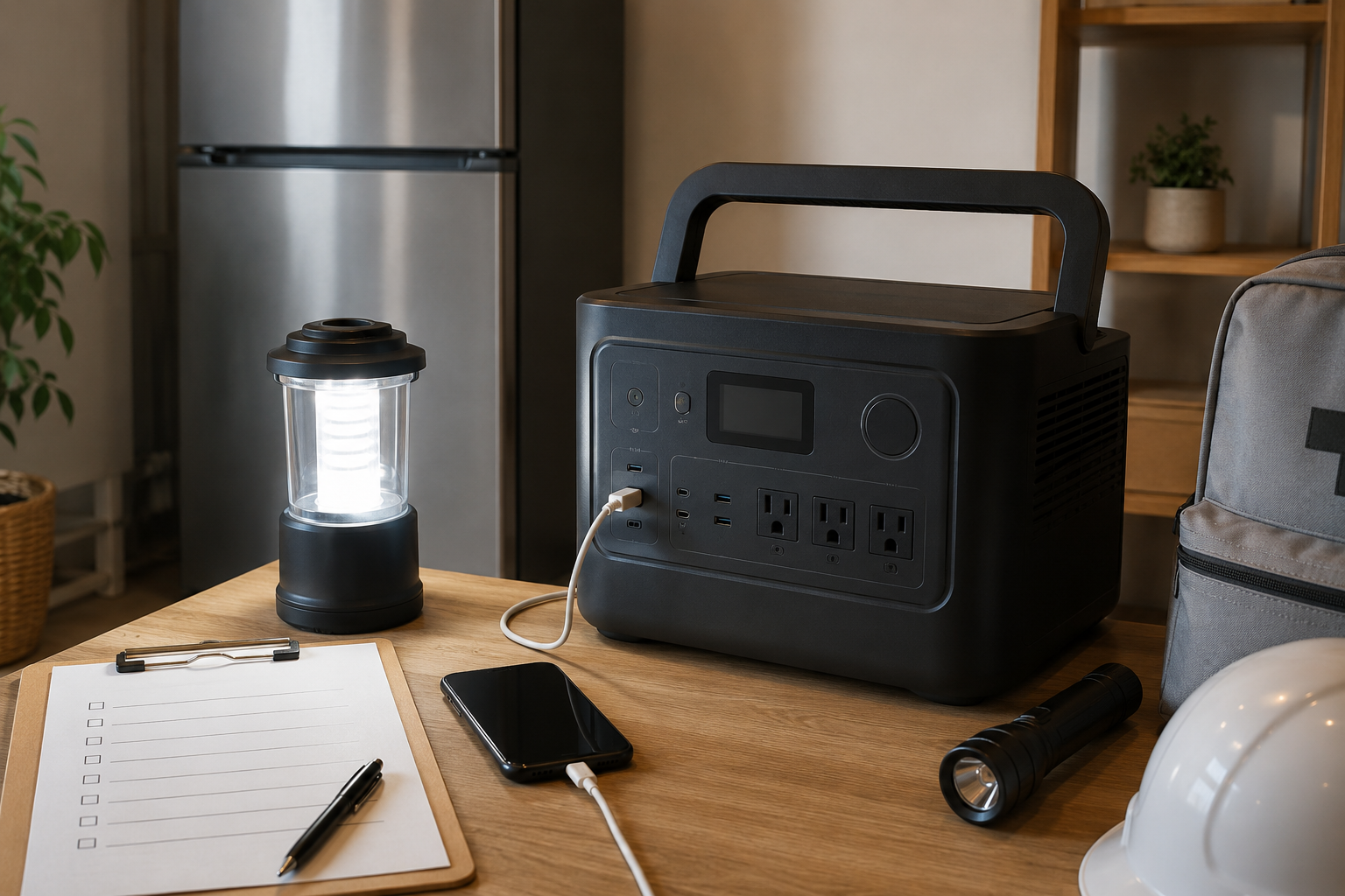 室内の停電対策シーンで、Jackery風の無地ポータブル電源、冷蔵庫、スマホ、LEDランタン、防災チェックリストを並べた写真風