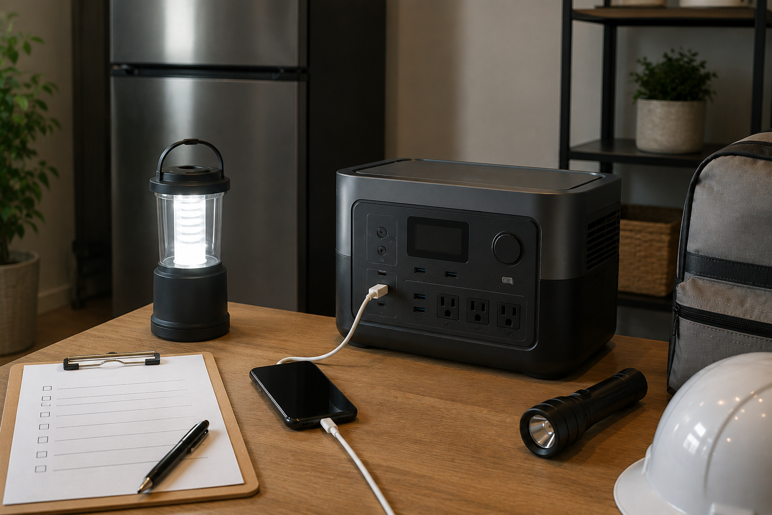 室内の停電対策シーンで、EcoFlow風の無地ポータブル電源、冷蔵庫、スマホ、LEDランタン、防災チェックリストを並べた写真風