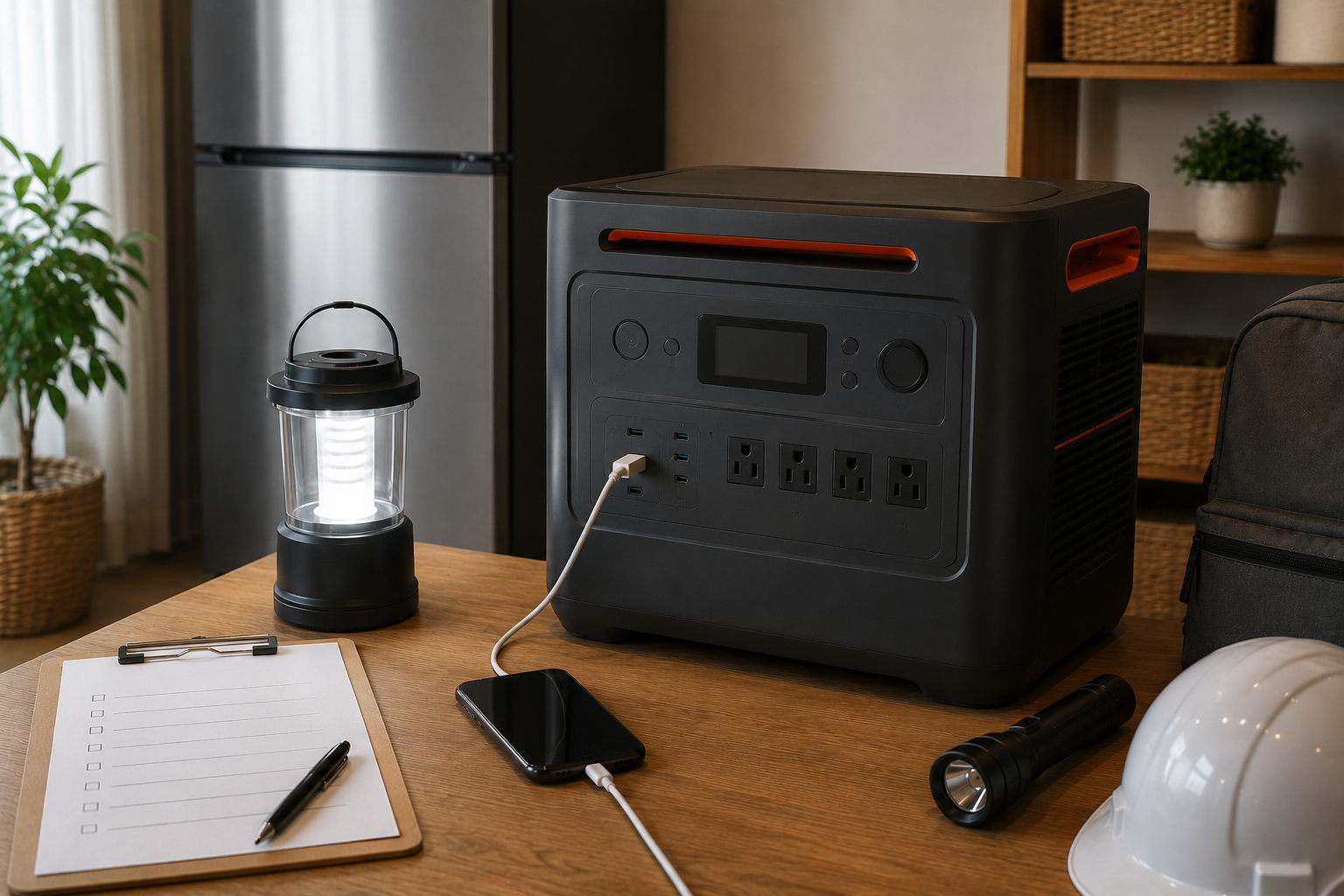 室内の停電対策シーンで、Jackery風の無地ポータブル電源、冷蔵庫、スマホ、LEDランタン、防災チェックリストを並べた写真風