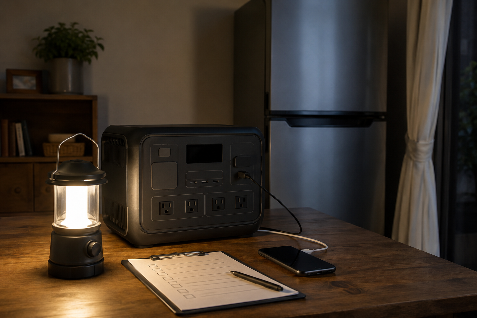 室内の停電対策シーンで、BLUETTI風の無地ポータブル電源、冷蔵庫、スマホ、LEDランタン、防災チェックリストを並べた写真風