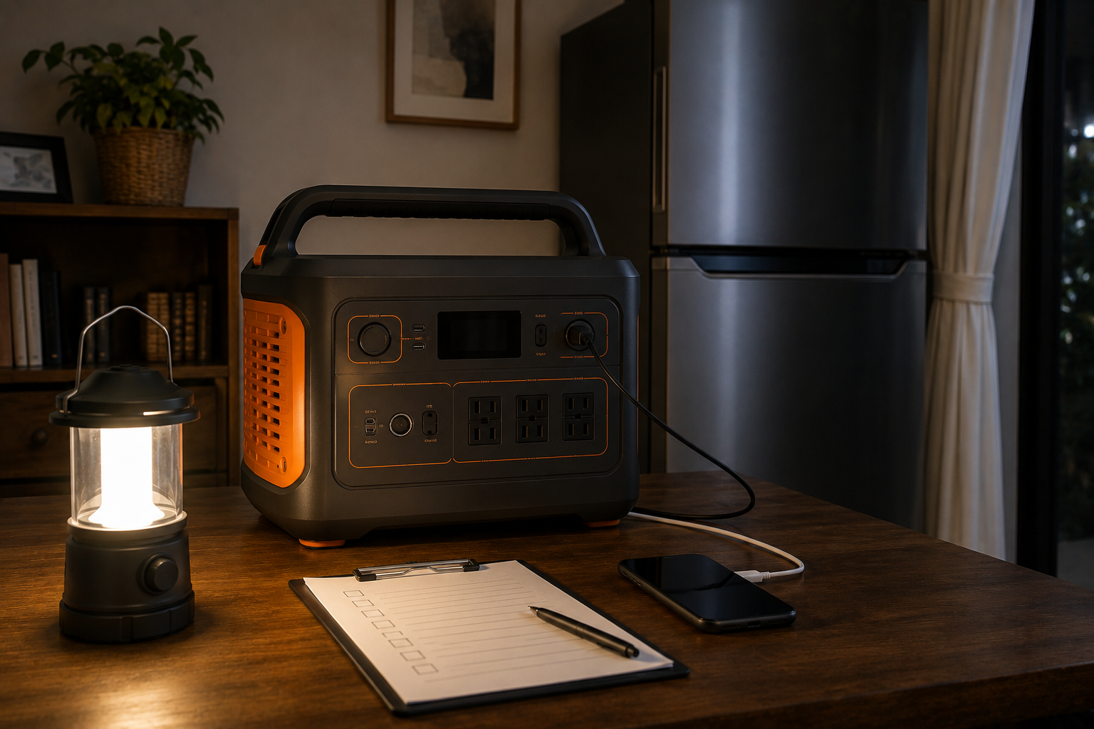 室内の停電対策シーンで、Jackery風の無地ポータブル電源、冷蔵庫、スマホ、LEDランタン、防災チェックリストを並べた写真風