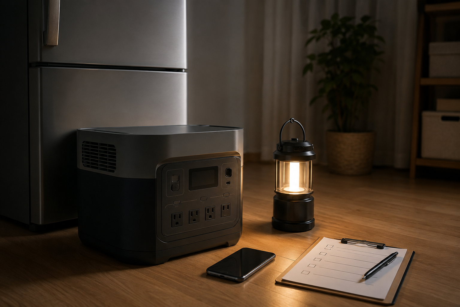 室内の停電対策シーンで、EcoFlow風の無地ポータブル電源、冷蔵庫、スマホ、LEDランタン、防災チェックリストを並べた写真風