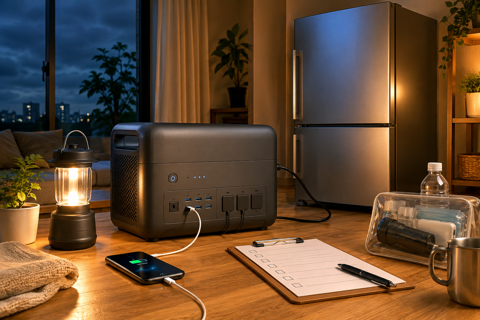 室内の停電対策シーンで、BLUETTI風の無地ポータブル電源、冷蔵庫、スマホ、LEDランタン、防災チェックリストを並べた写真風
