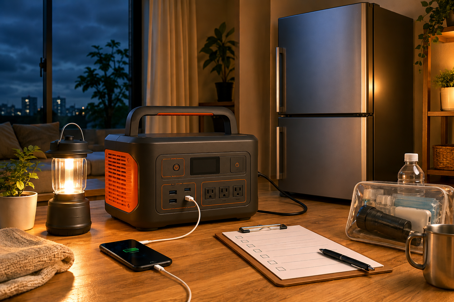 室内の停電対策シーンで、Jackery風の無地ポータブル電源、冷蔵庫、スマホ、LEDランタン、防災チェックリストを並べた写真風