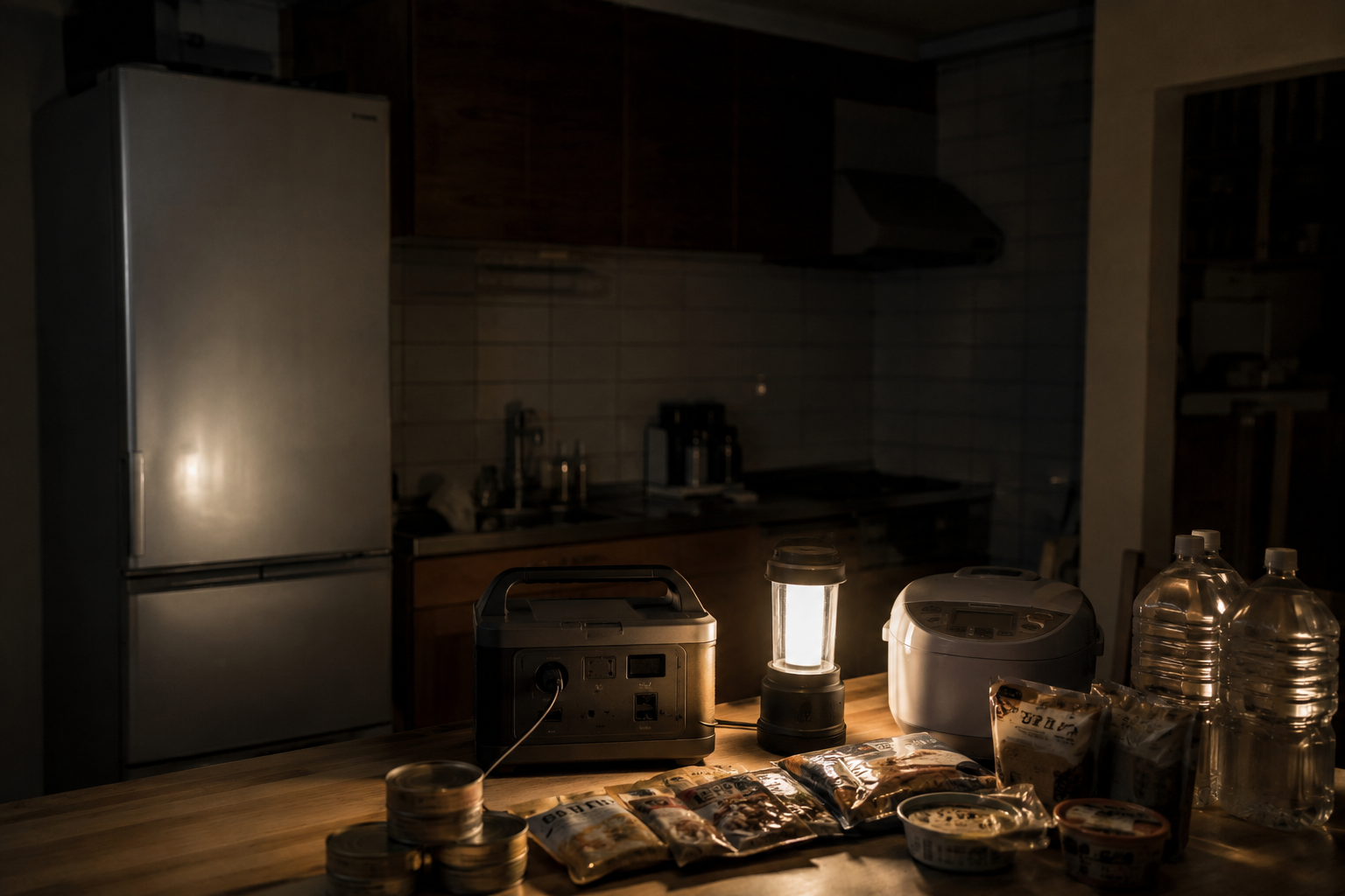 停電中のキッチンで、冷蔵庫、炊飯器、ポータブル電源、LEDランタン、非常食を配置した写真風
