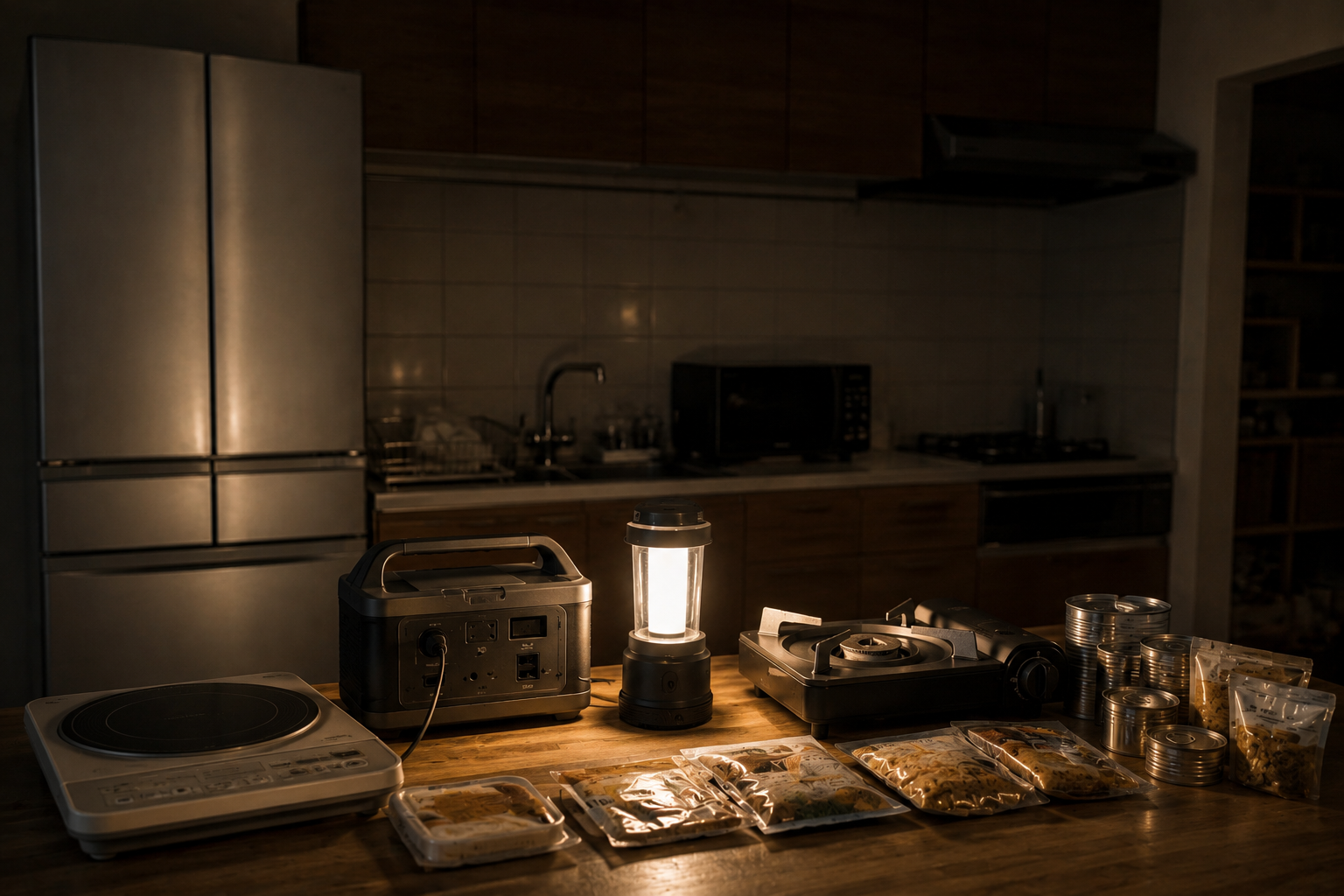 停電中のキッチンで、冷蔵庫、卓上IH、ポータブル電源、LEDランタン、非常食、カセットコンロを並べた写真風