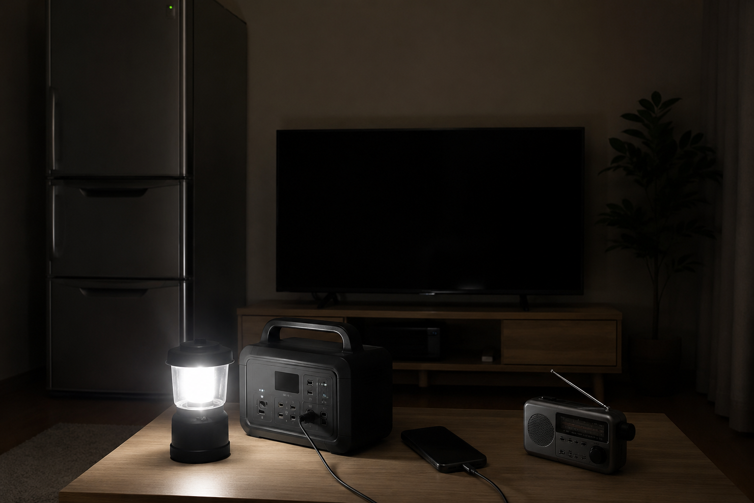 停電中のリビングで、冷蔵庫、テレビ、ポータブル電源、スマホ、LEDランタン、防災ラジオを配置した写真風