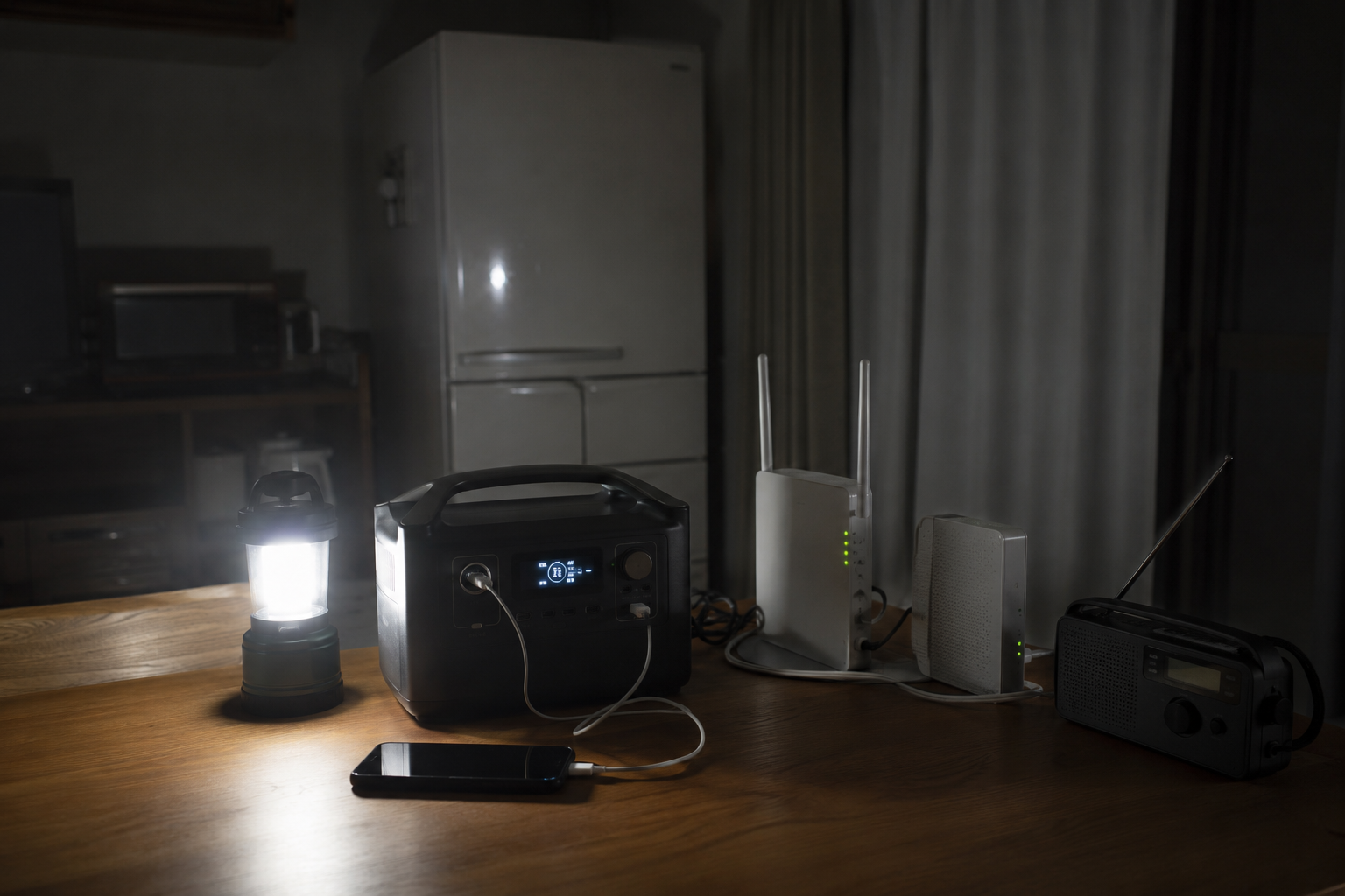 停電中の室内で、冷蔵庫、Wi-Fiルーター、ONU風の小型通信機器、ポータブル電源、スマホ、LEDランタン、防災ラジオを配置した写真風