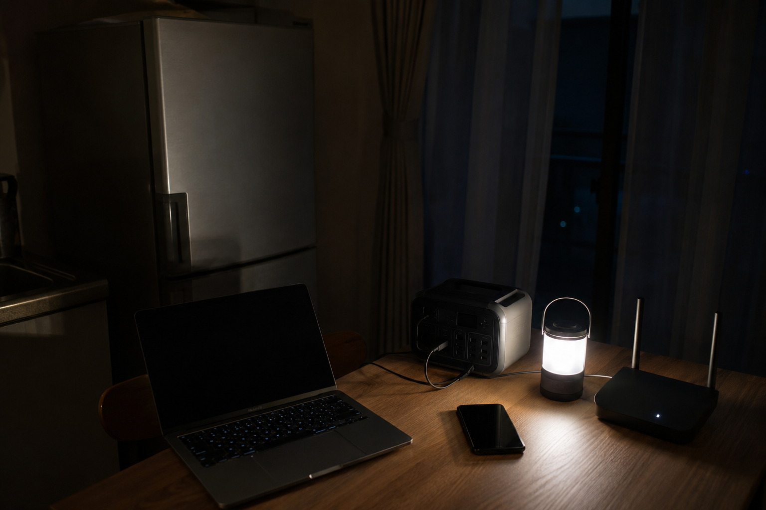 停電中の室内で、冷蔵庫、ノートパソコン、ポータブル電源、Wi-Fiルーター、スマホ、LEDランタンを配置した写真風