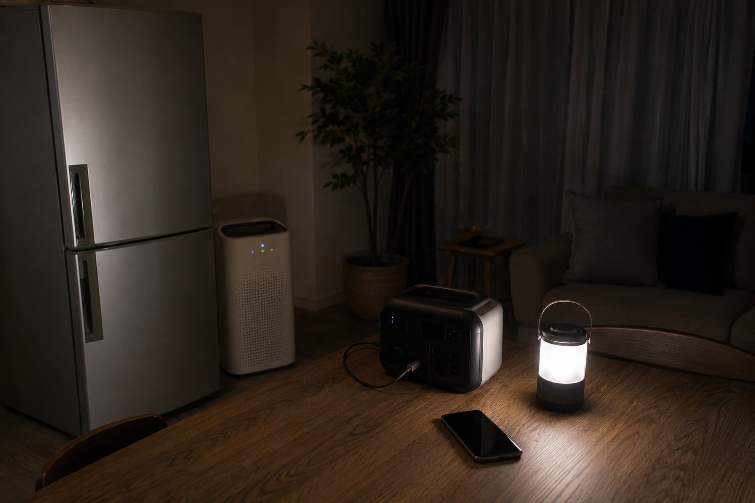 停電中の室内で、冷蔵庫、空気清浄機、ポータブル電源、LEDランタン、スマホを配置した写真風